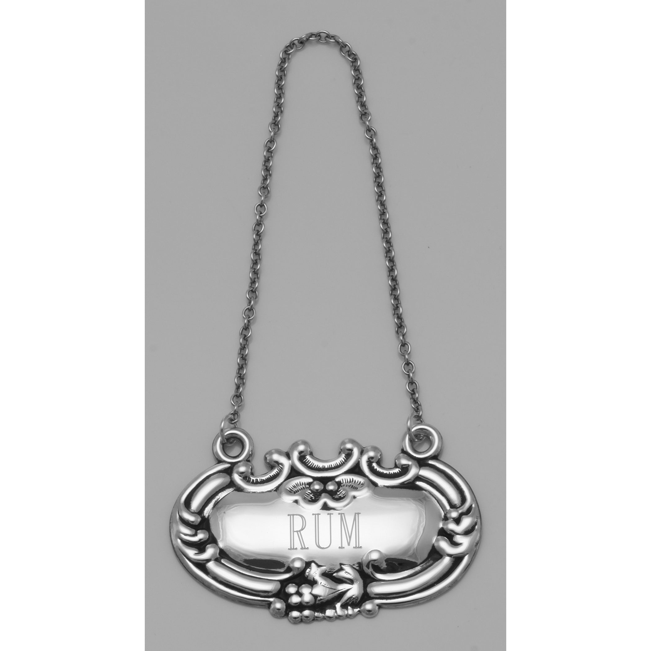Back view of Rum Liquor Decanter Label / Tag showing 925 sterling silver hallmark