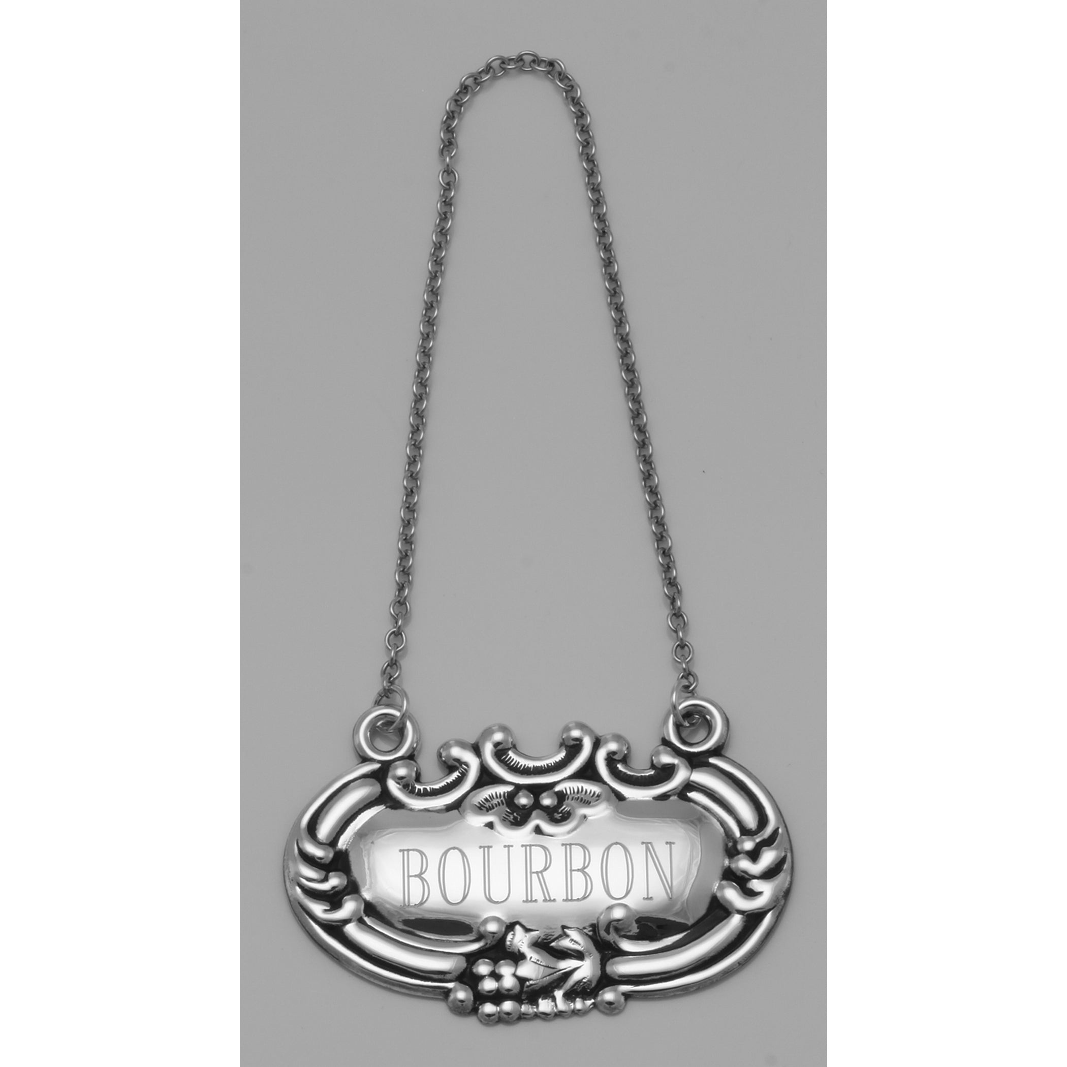 Back view of Bourbon Liquor Decanter Label / Tag showing 925 sterling silver hallmark