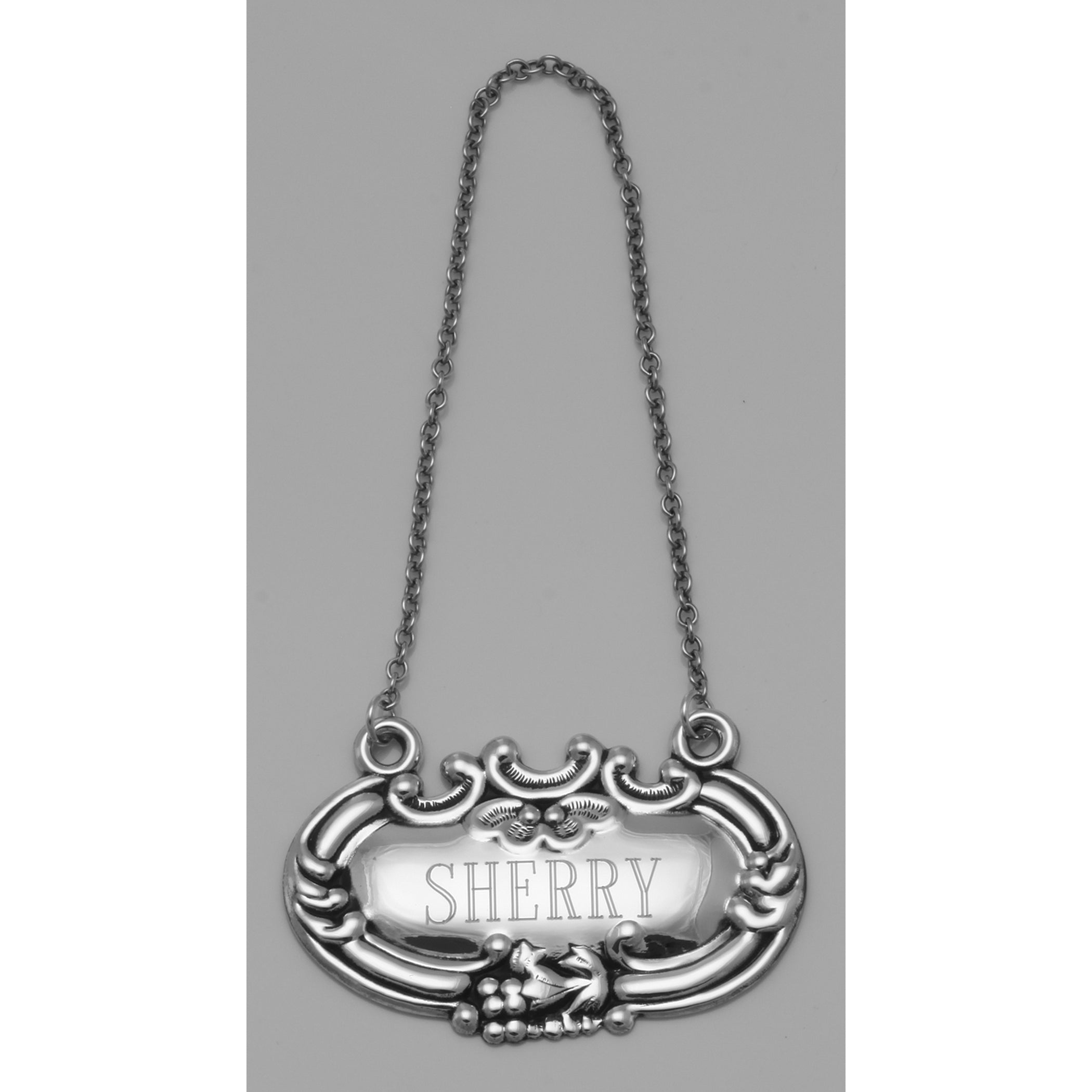Back view of Sherry Liquor Decanter Label / Tag showing 925 sterling silver hallmark
