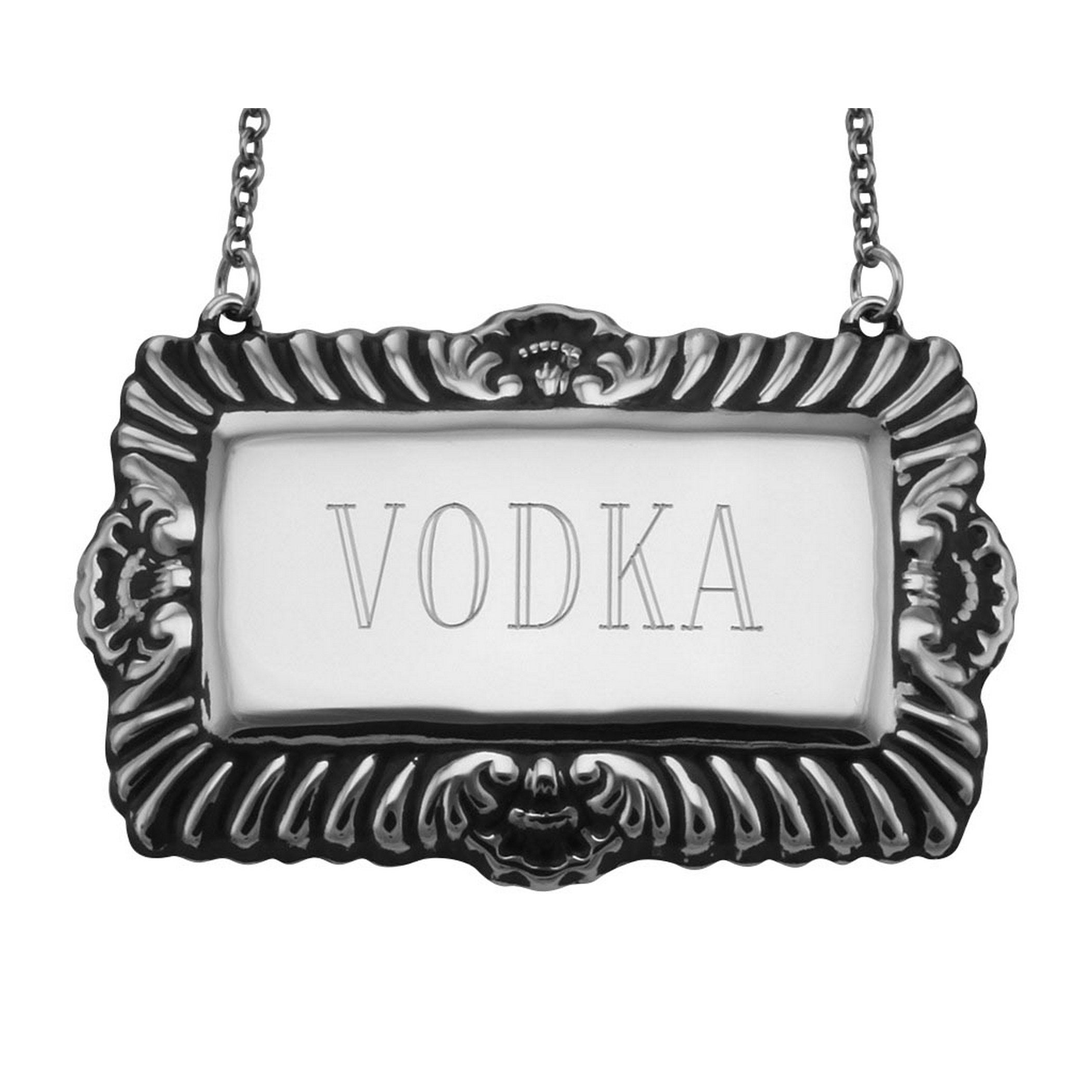 Sterling silver liquor decanter tags, front view
