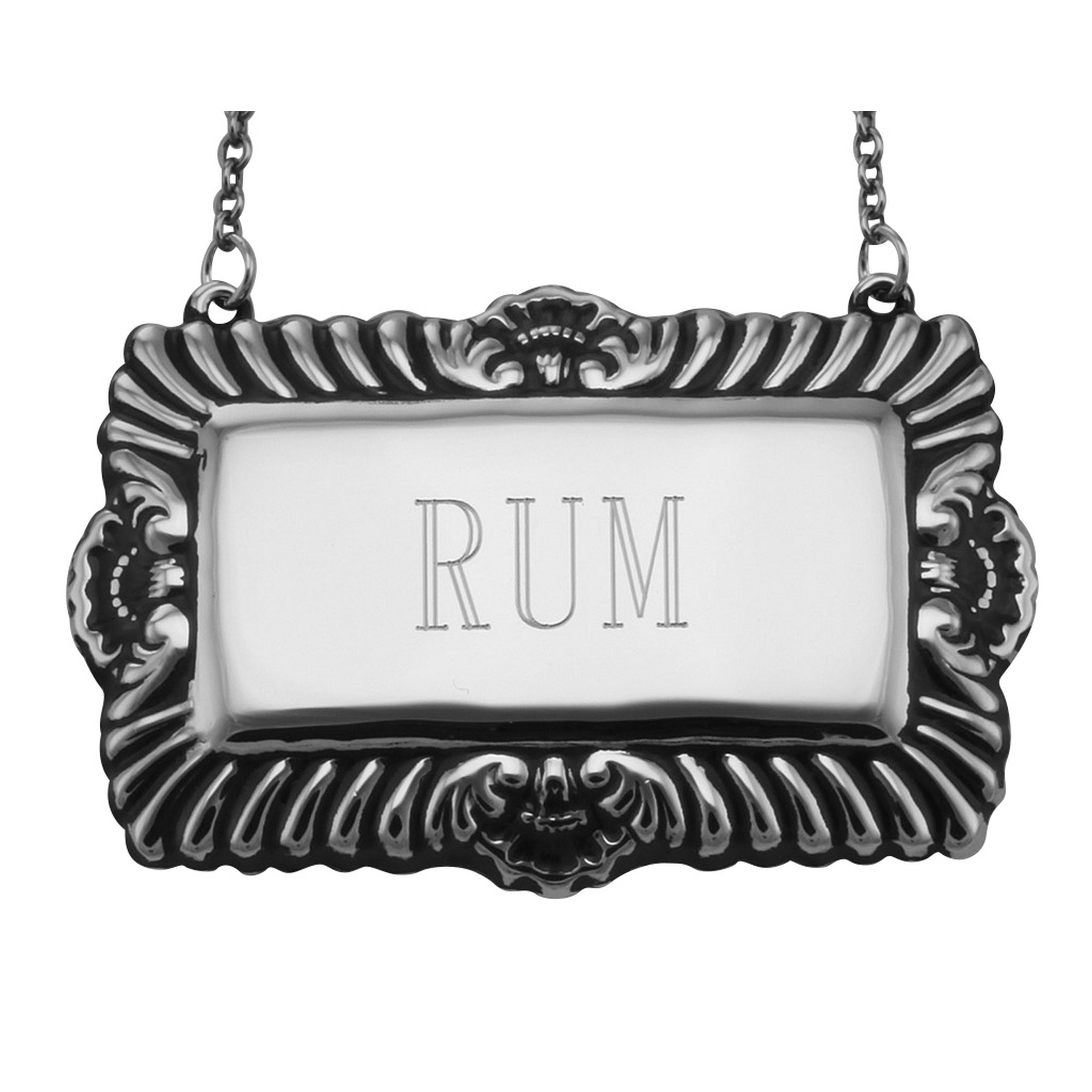 Sterling silver liquor decanter tags, front view