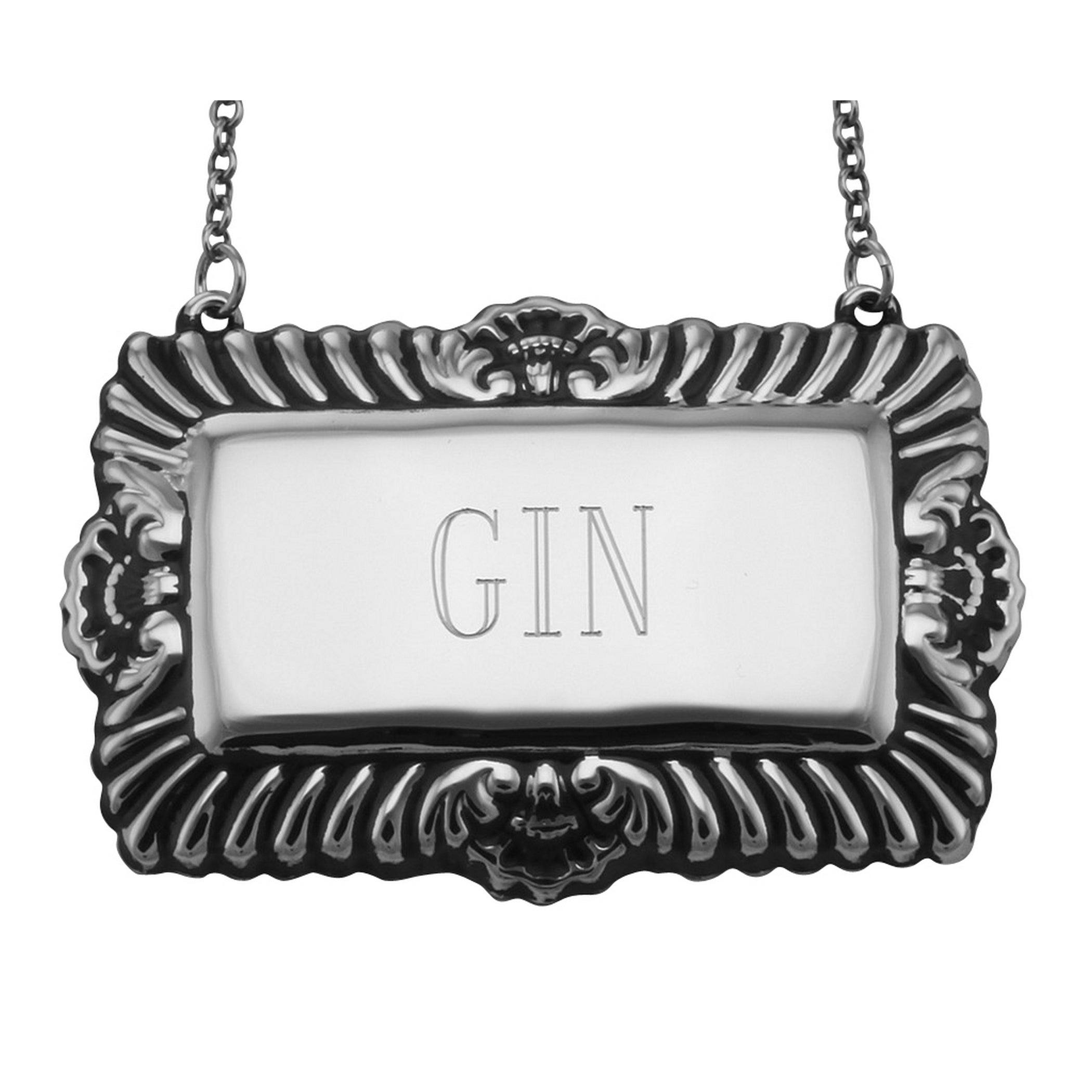 Sterling silver liquor decanter tags, front view