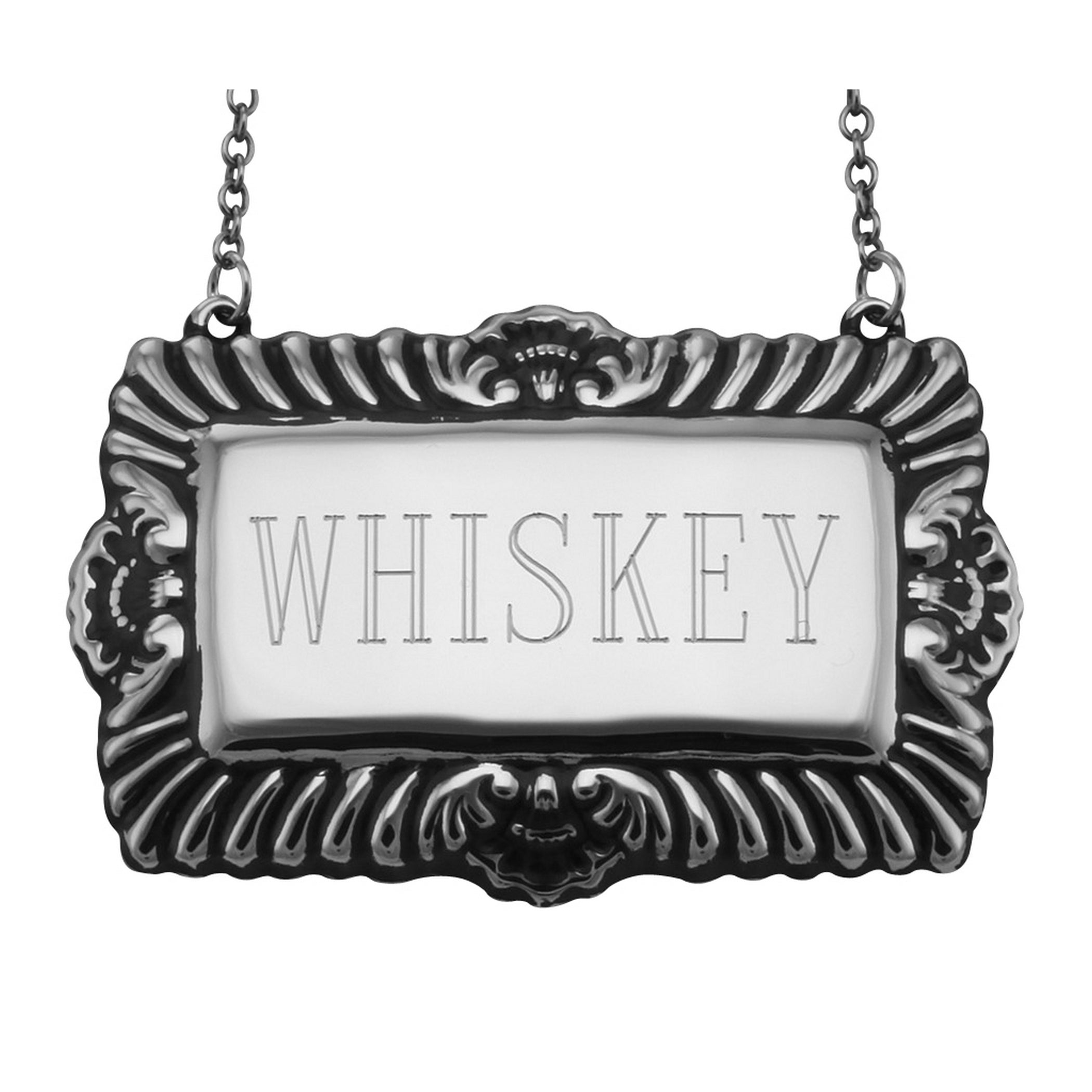 Sterling silver liquor decanter tags, front view