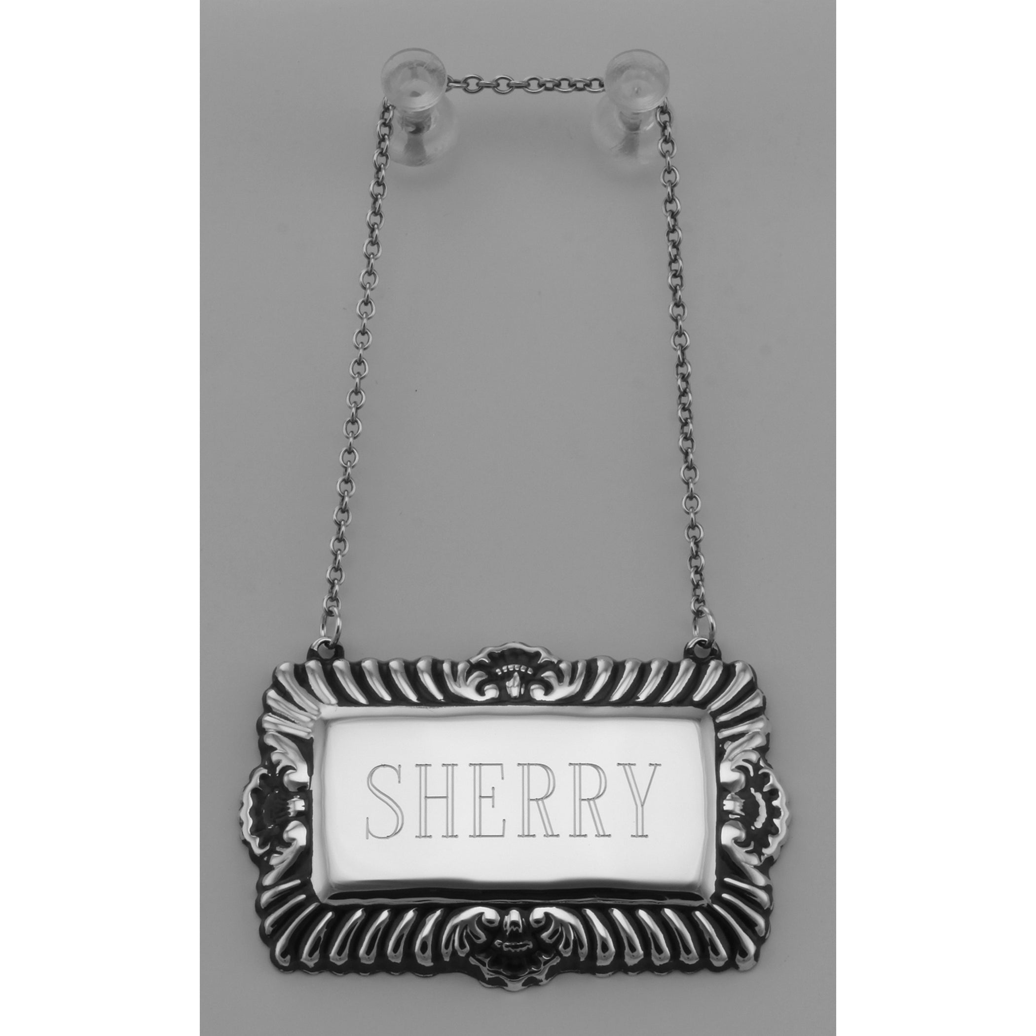 Detail view of Sherry Liquor Decanter Label / Tag highlighting design details