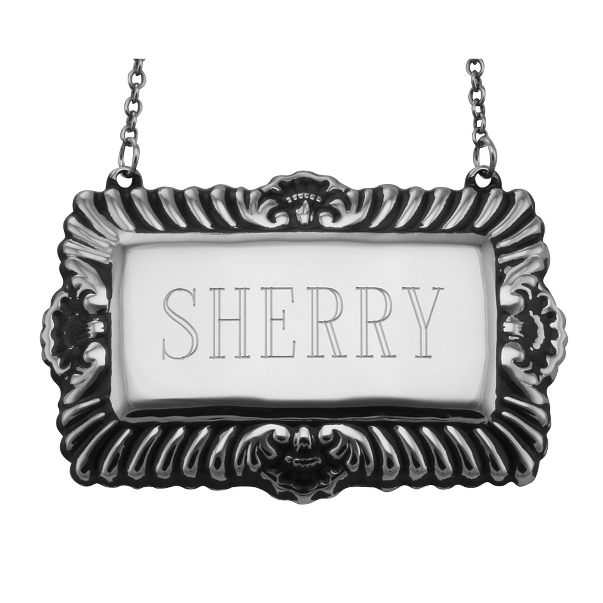 Sterling silver liquor decanter tags, front view
