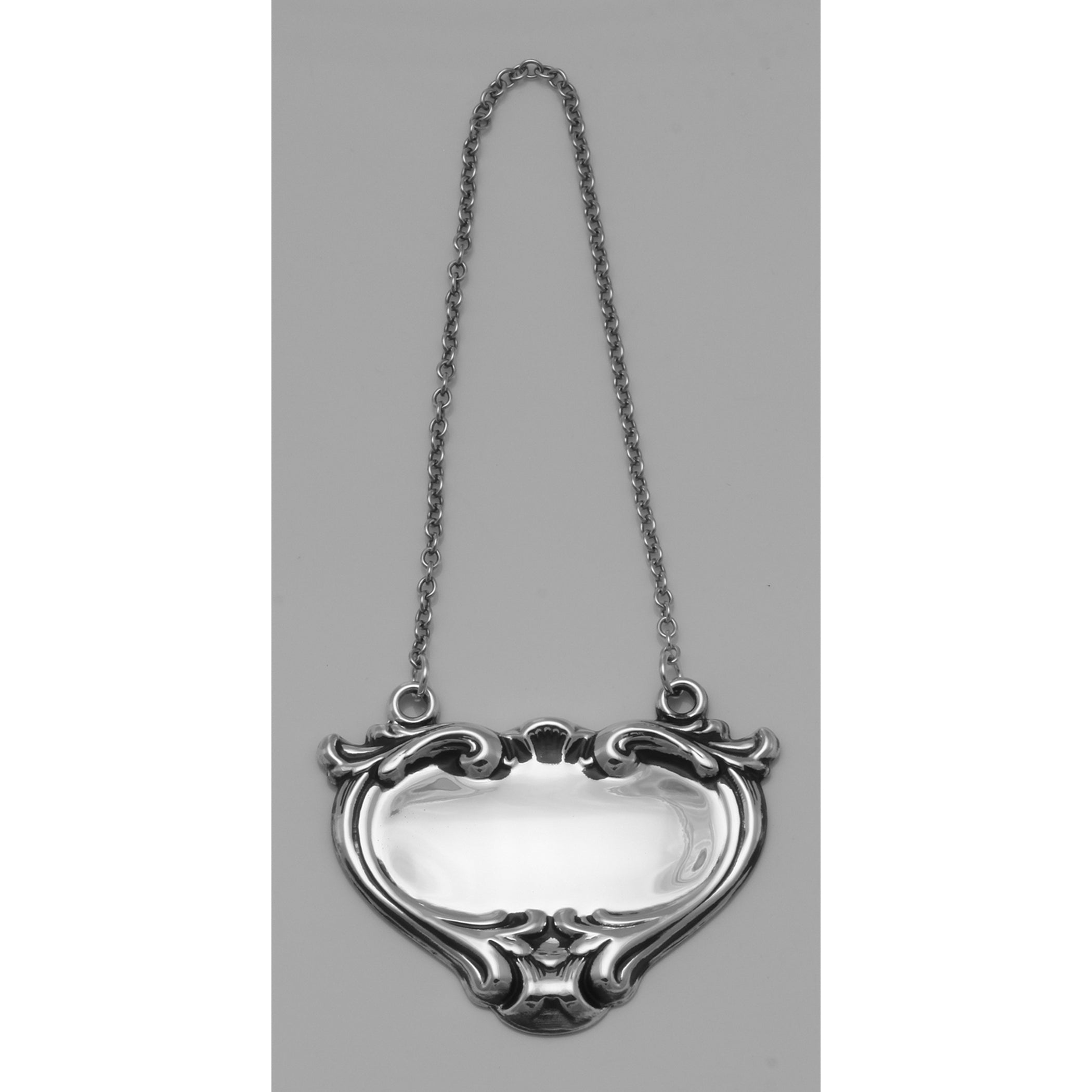 Back view of Blank Liquor Decanter Label / Tag Heart Shape Style showing 925 sterling silver hallmark