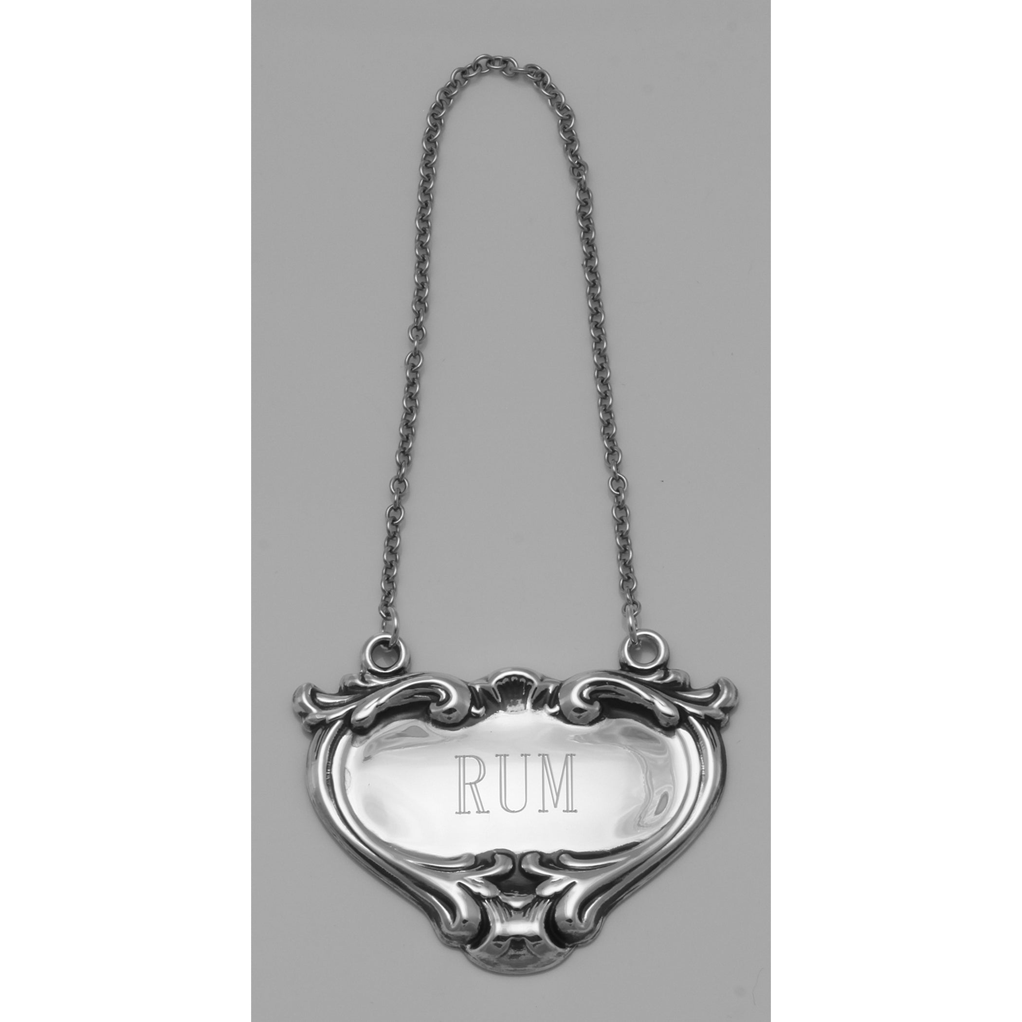 Back view of Rum Liquor Decanter Label / Tag showing 925 sterling silver hallmark