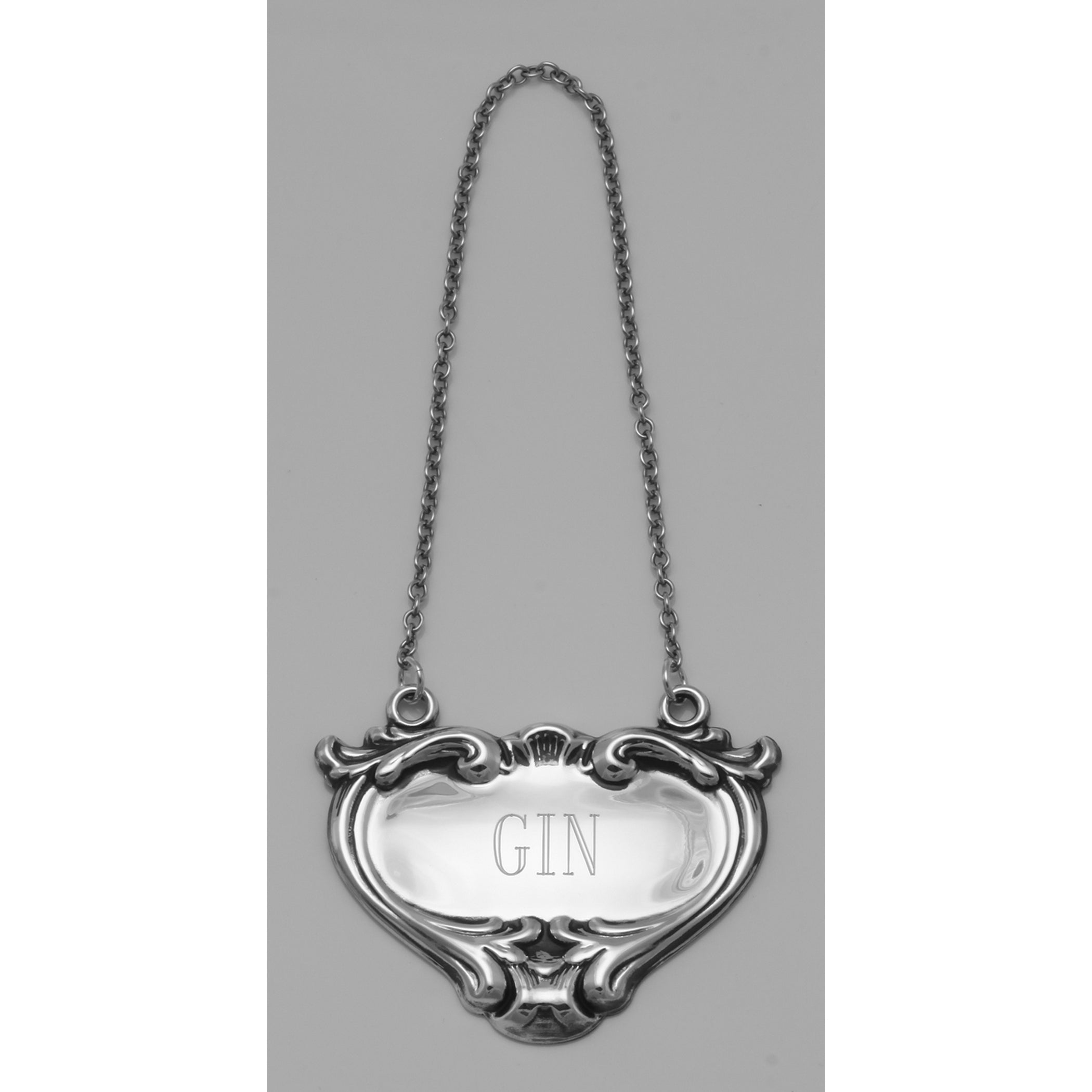 Back view of Gin Liquor Decanter Label / Tag showing 925 sterling silver hallmark