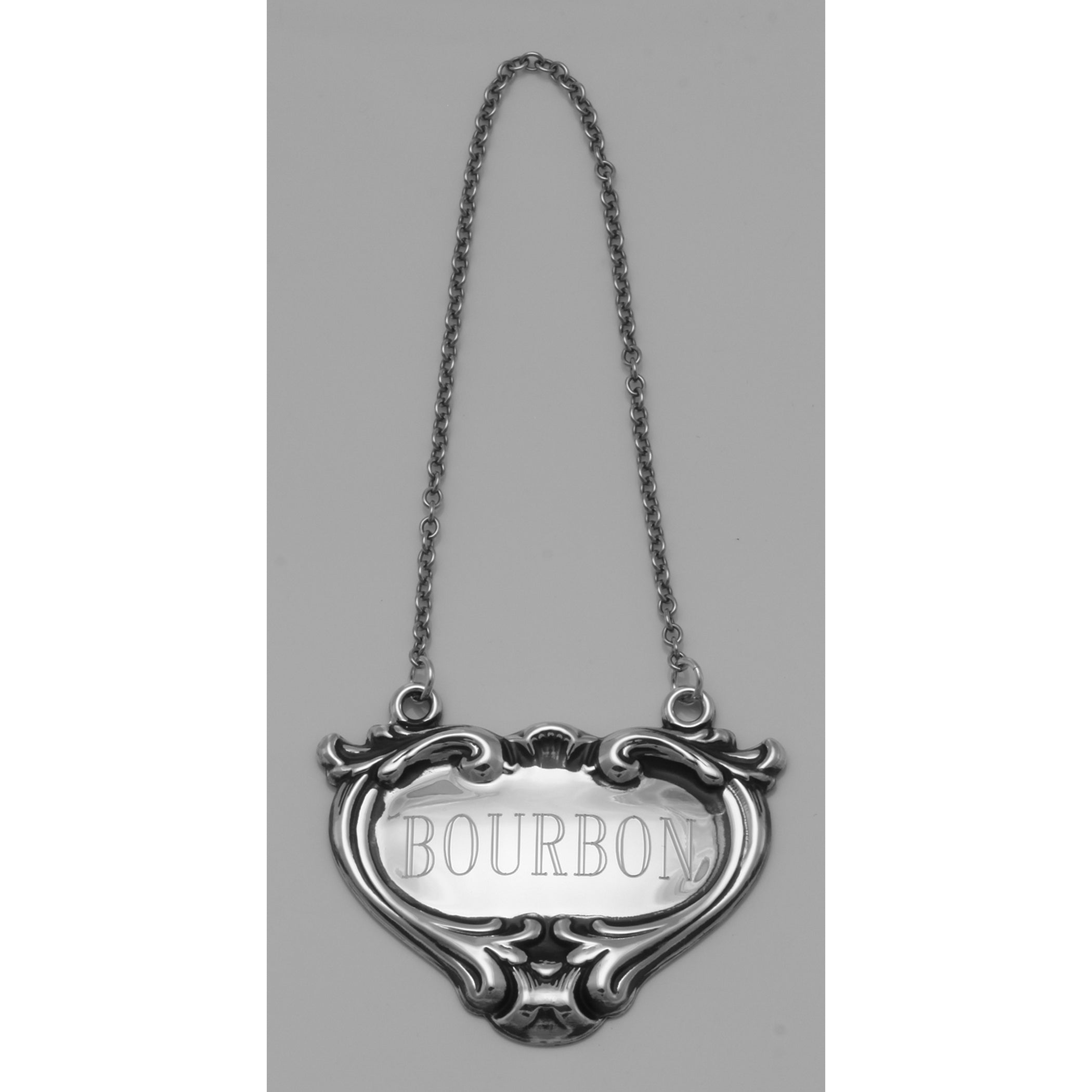 Back view of Bourbon Liquor Decanter Label / Tag showing 925 sterling silver hallmark