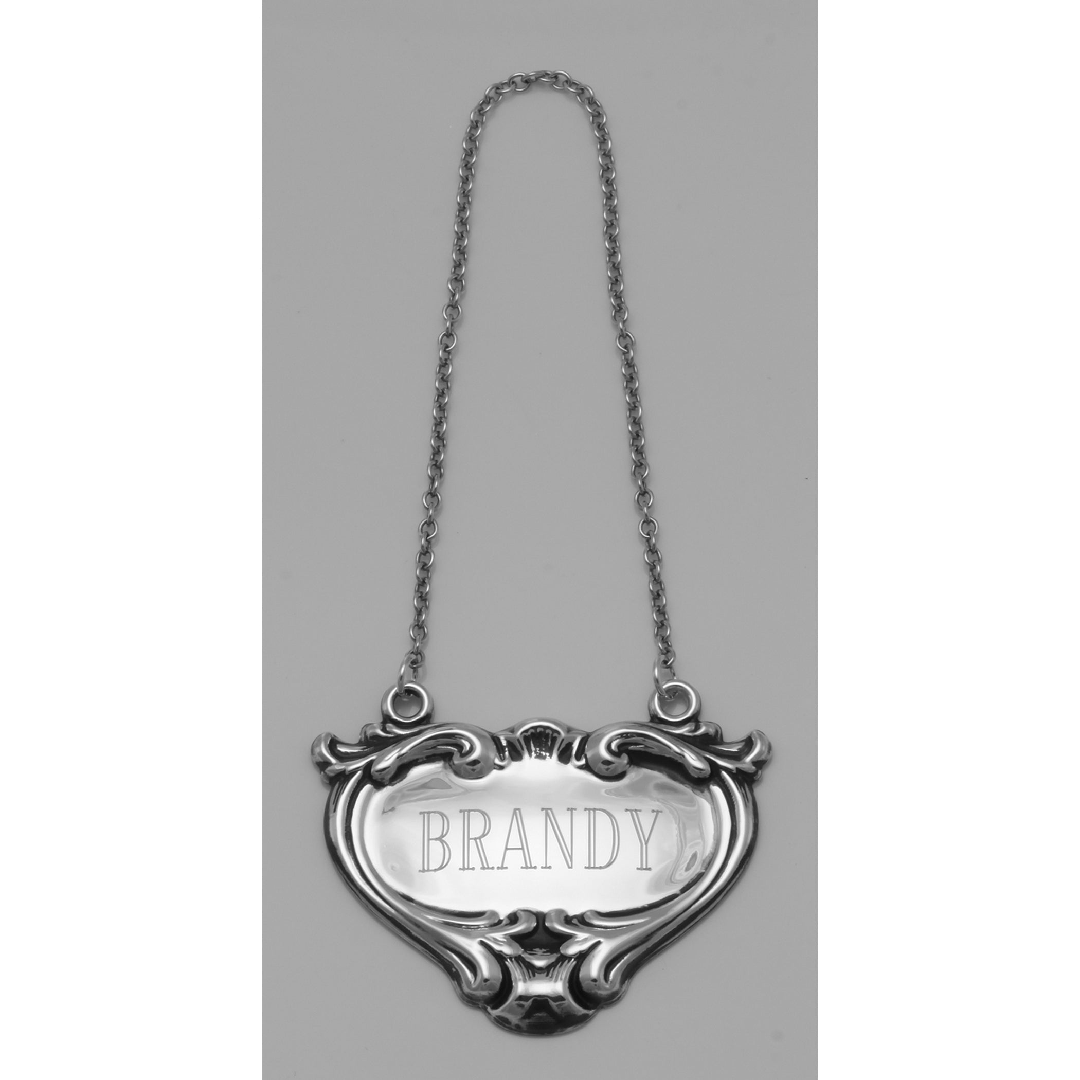 Back view of Brandy Liquor Decanter Label / Tag showing 925 sterling silver hallmark