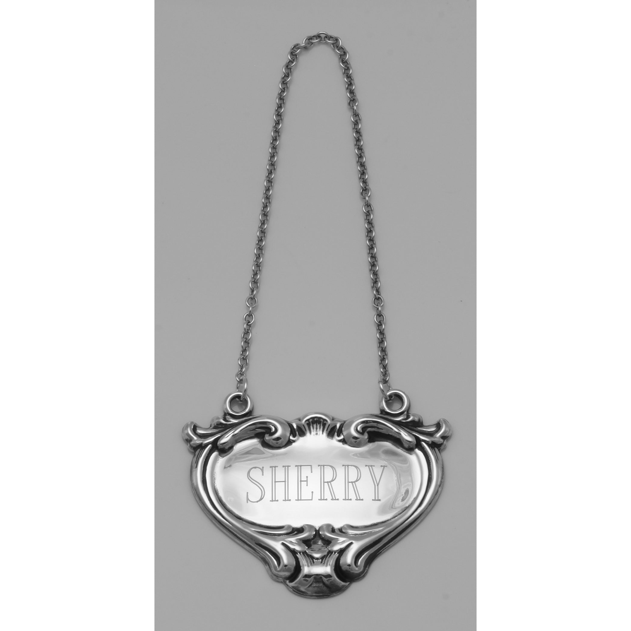 Back view of Sherry Liquor Decanter Label / Tag showing 925 sterling silver hallmark