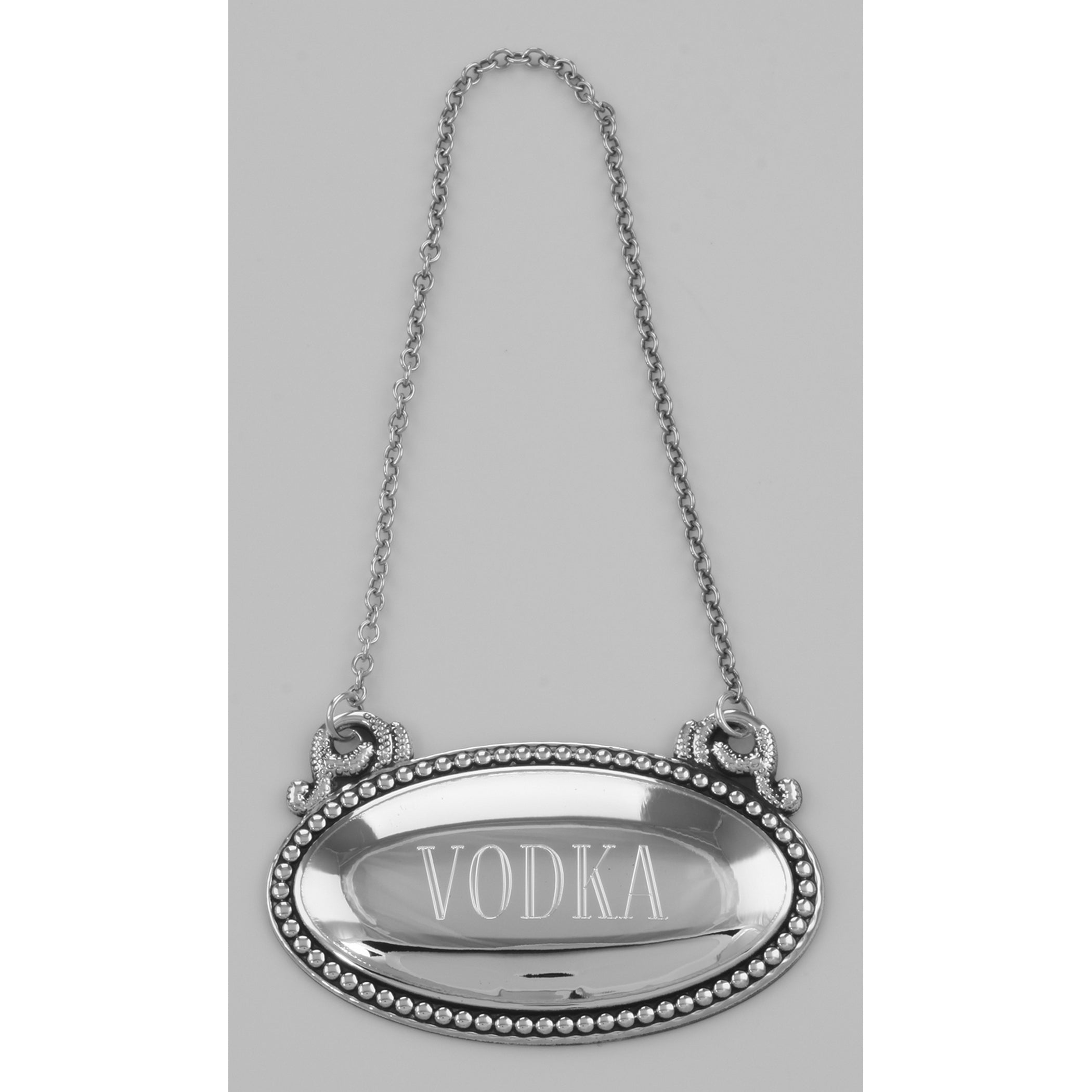 Detail view of Vodka Liquor Decanter Label / Tag - Oval beaded Border Made in USA highlighting design details