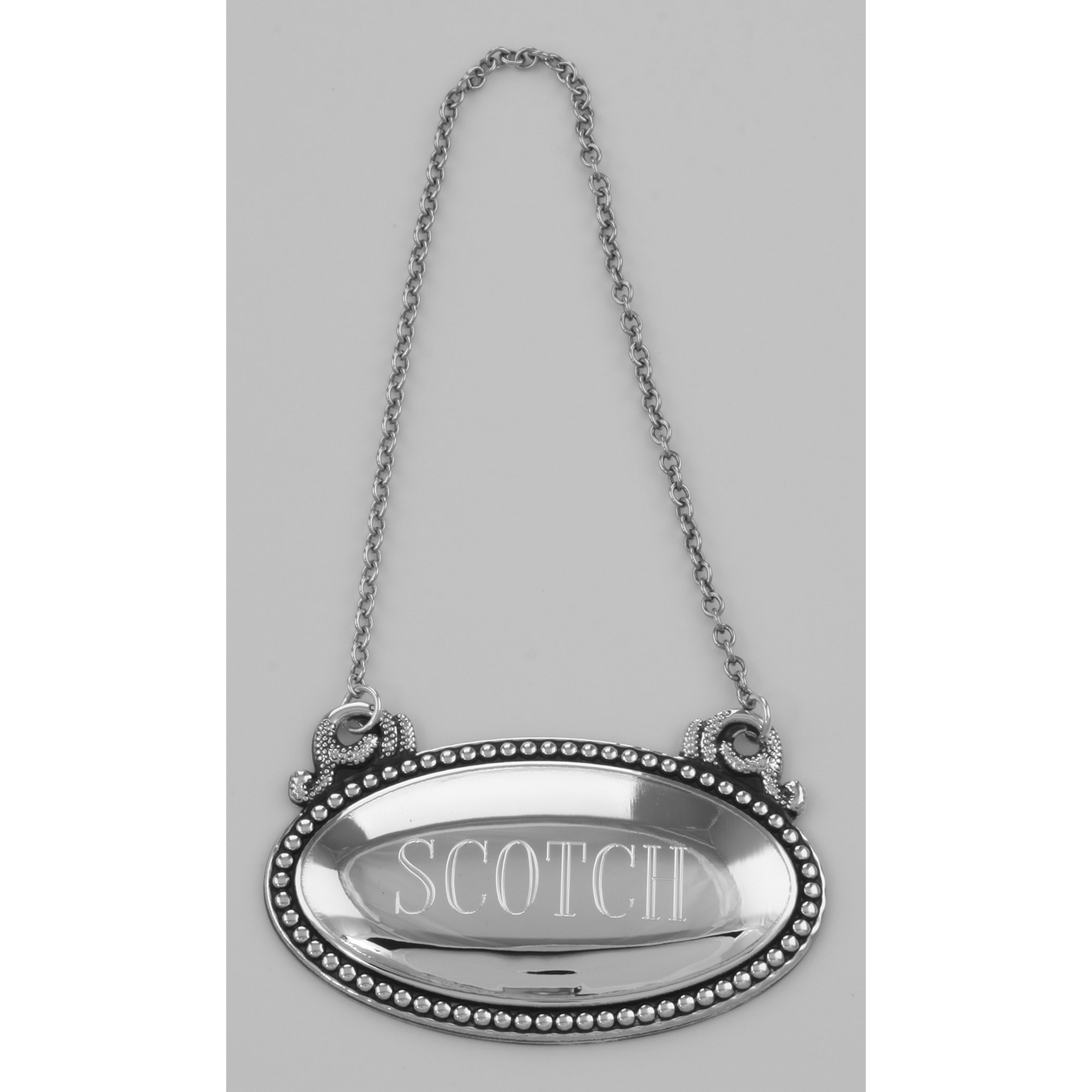 Back view of Scotch Liquor Decanter Label / Tag - Oval beaded Border - Made in USA showing 925 sterling silver hallmark
