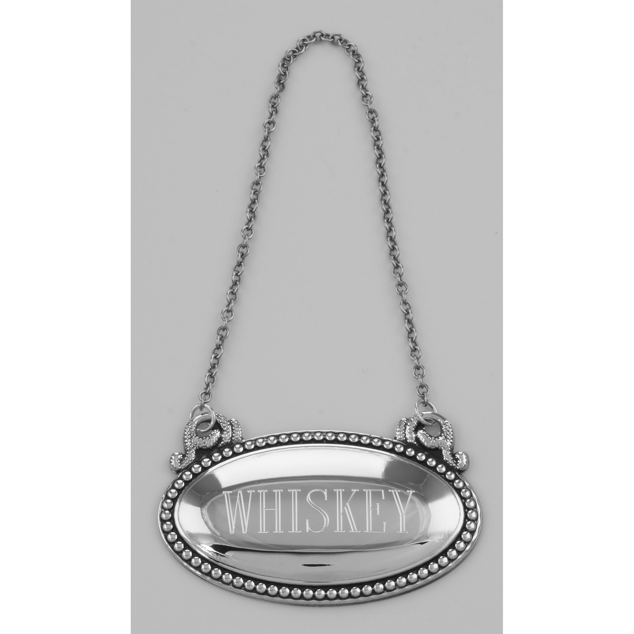 Back view of Whiskey Liquor Decanter Label / Tag - Oval beaded Border - Made in USA showing 925 sterling silver hallmark
