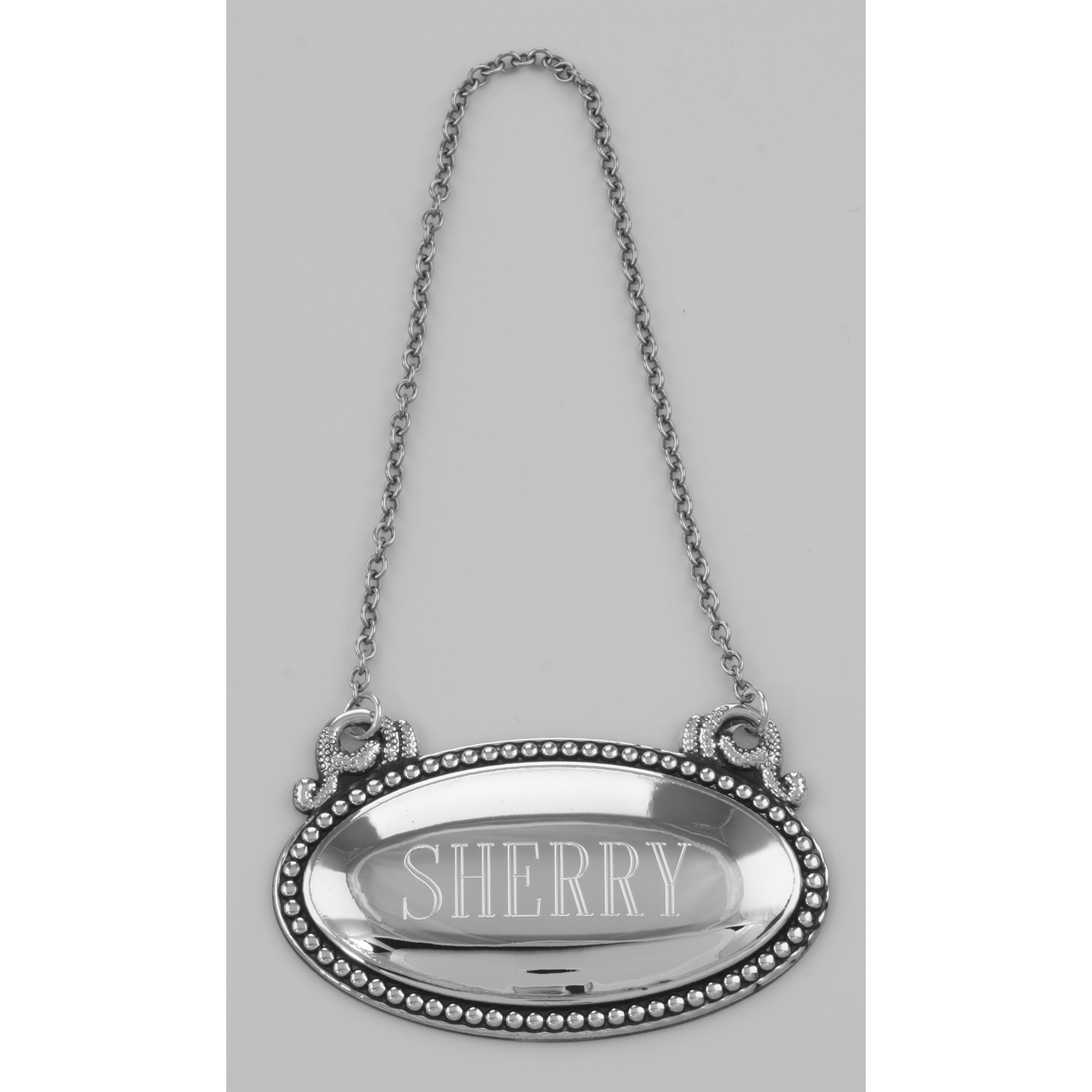 Detail view of Sherry Liquor Decanter Label / Tag - Oval beaded Border - Made in USA highlighting design details