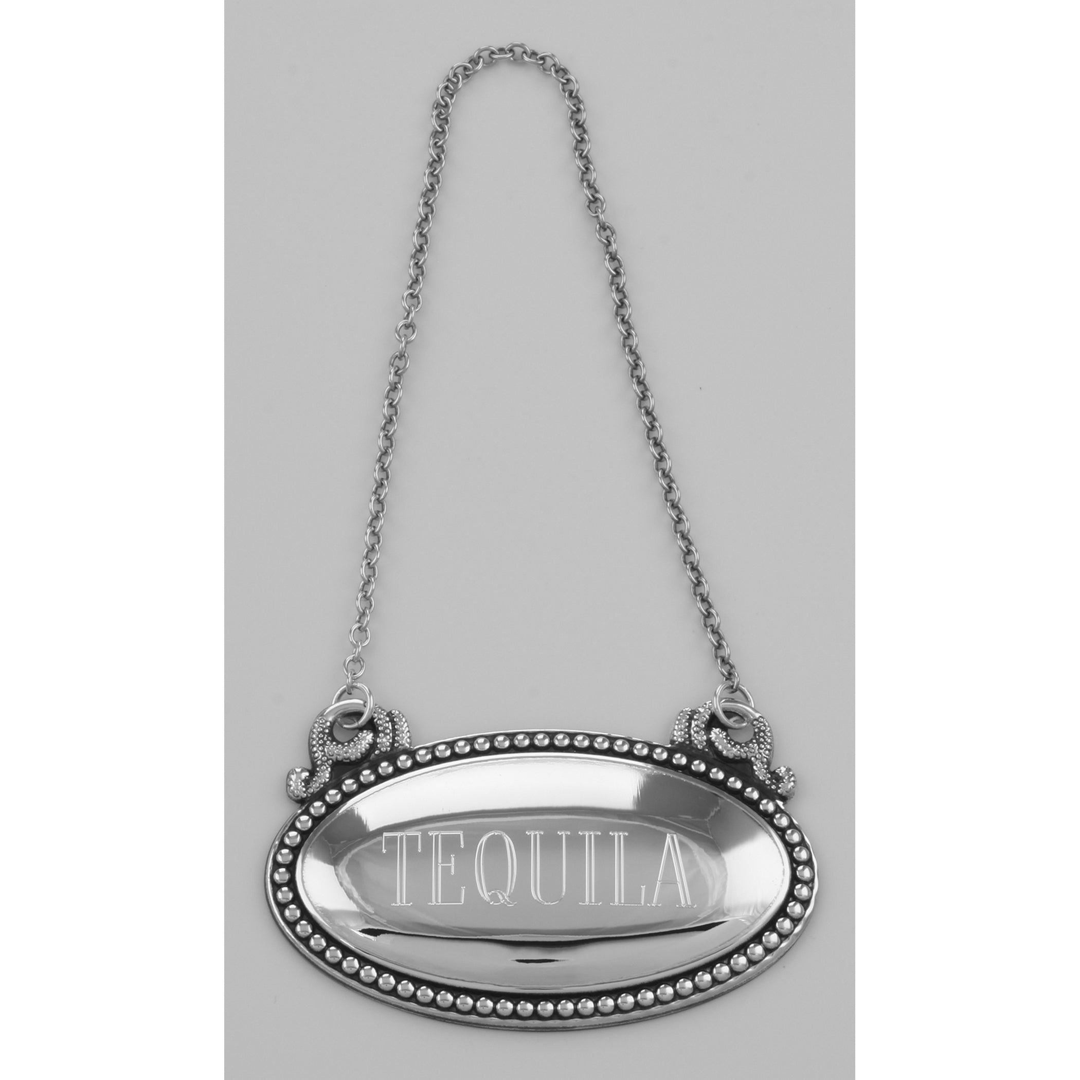 Detail view of Tequila Liquor Decanter Label / Tag - Oval beaded Border - Made in USA highlighting design details