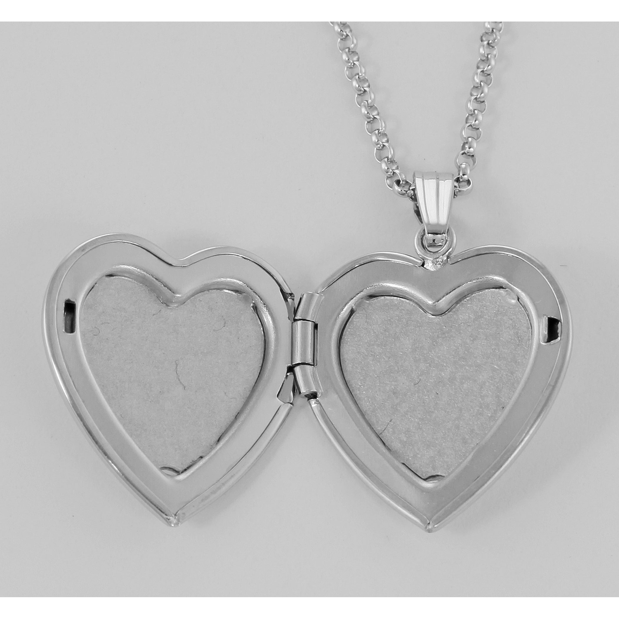 Back view of Heart Locket w/ Cross Design - 19mm - Made in USA showing 925 sterling silver hallmark and spring ring clasp