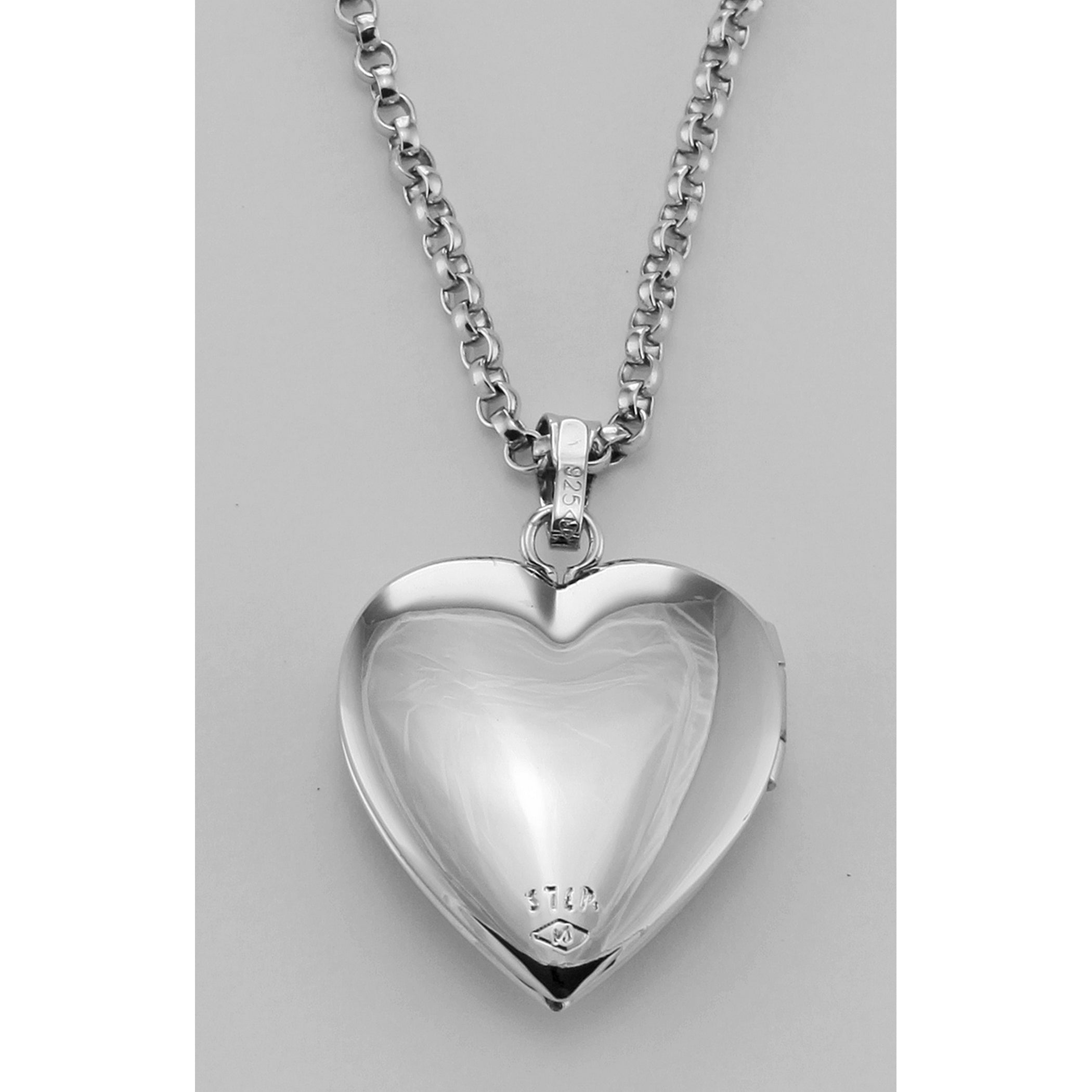 Back view of Sterling Heart Shaped Locket - Engravable - 14mm - Made in USA showing 925 sterling silver hallmark and spring r