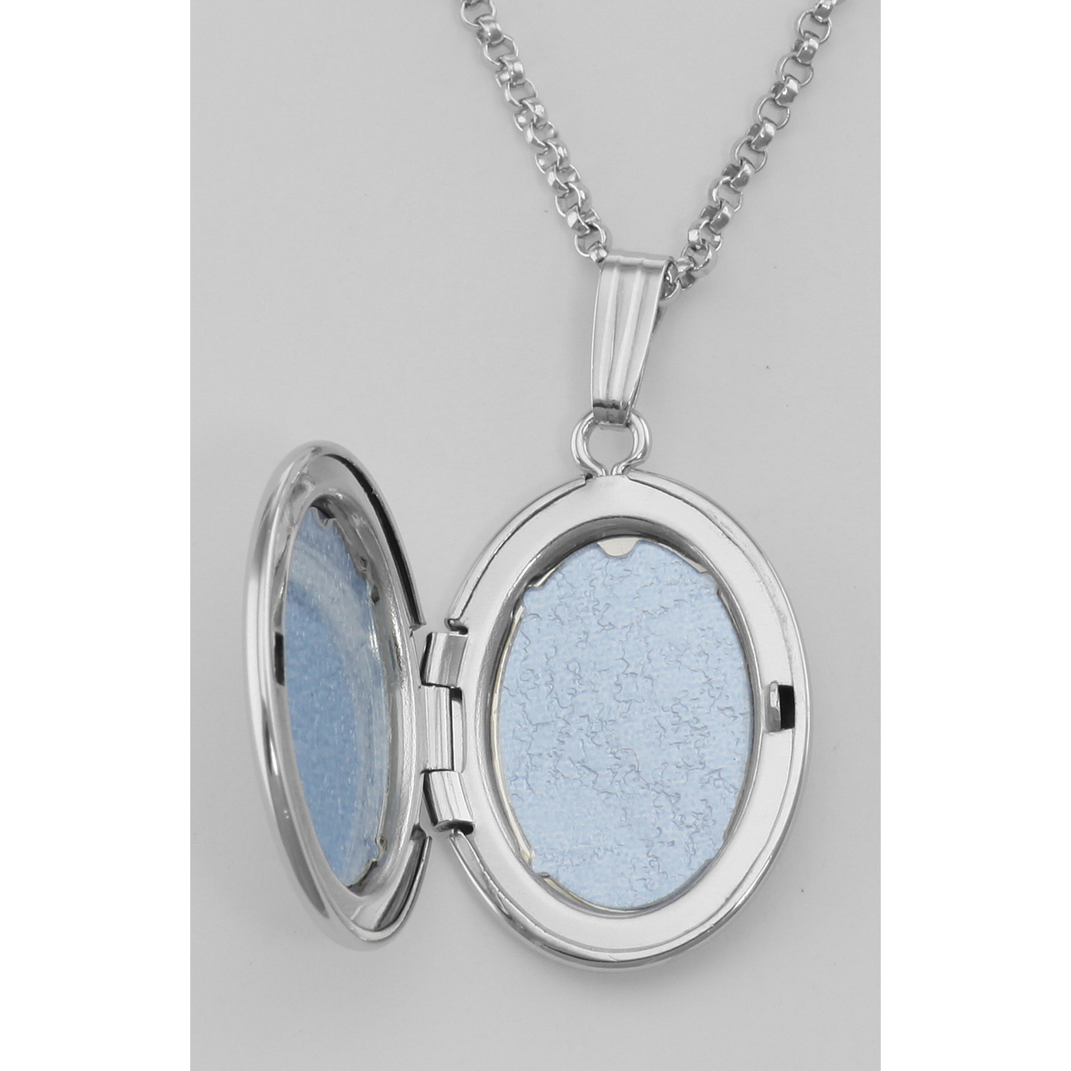 Back view of Silver Oval Mom Locket - Tri-Color Floral - 16mm showing 925 sterling silver hallmark and spring ring clasp