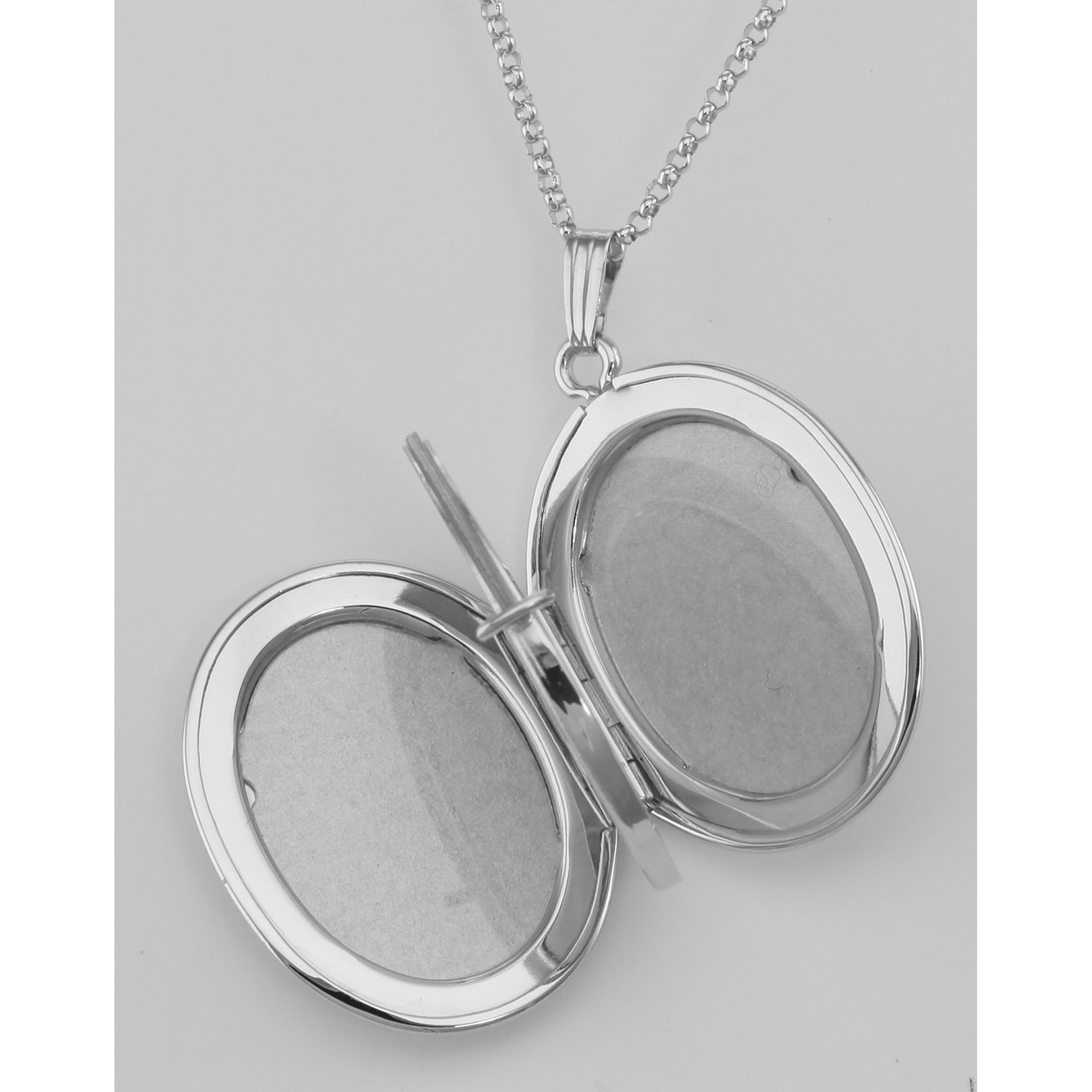 Back view of Oval (4) Four Photo Locket with Chain made in the USA showing 925 sterling silver hallmark and spring ring clasp