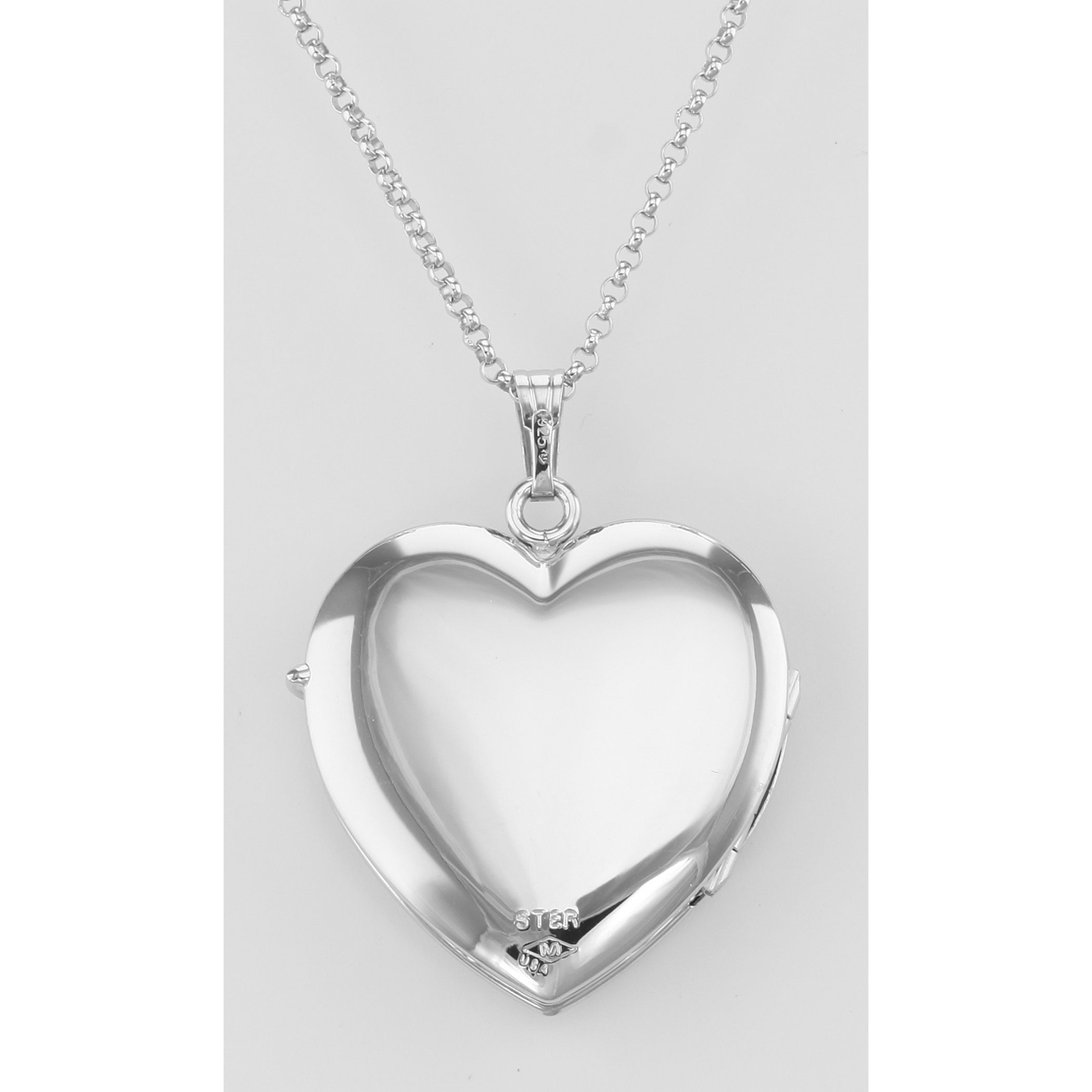 Back view of (4) Four Photo Heart Locket with Chain - USA showing 925 sterling silver hallmark and spring ring clasp
