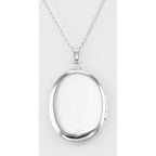 Back view of Oval Locket with Border Design with Chain - 23mm USA showing 925 sterling silver hallmark and spring ring clasp