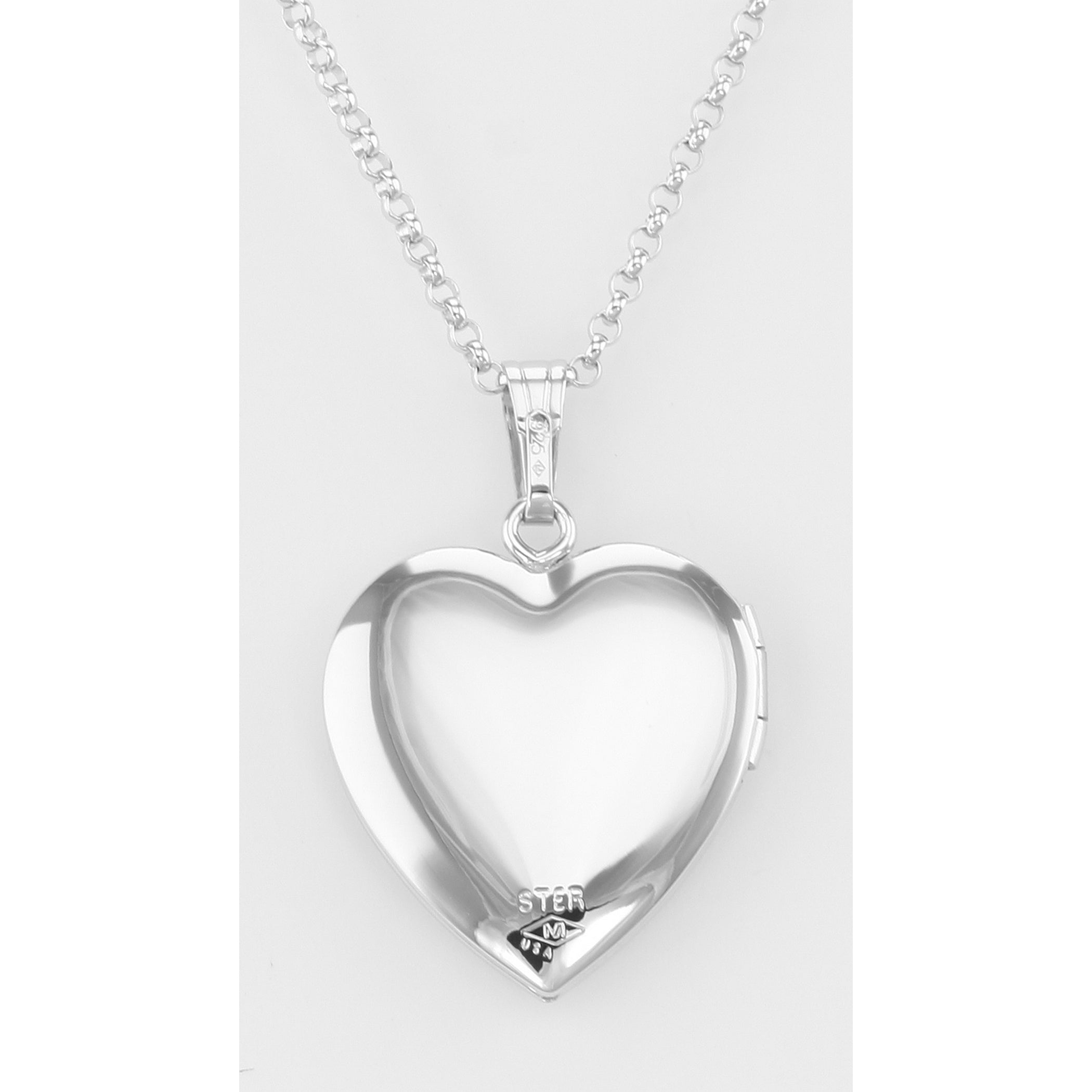 Back view of Floral Heart Locket with Chain - 19mm - Made in USA showing 925 sterling silver hallmark and spring ring clasp