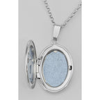 Back view of Oval Silver Locket Border Design - 16mm showing 925 sterling silver hallmark and spring ring clasp