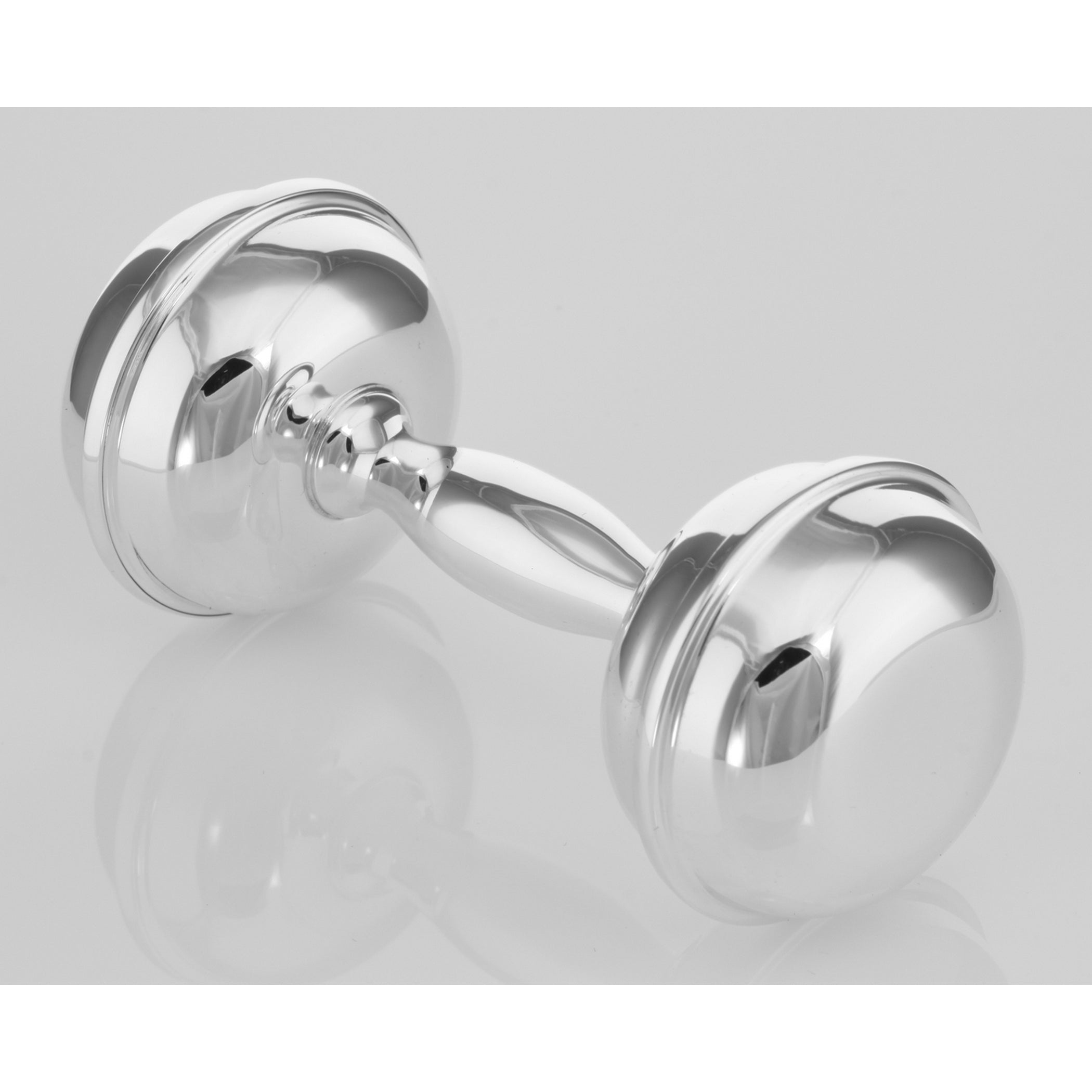 Back view of Dumbbell Sterling Silver Baby Rattle - Engravable - USA made showing 925 sterling silver hallmark