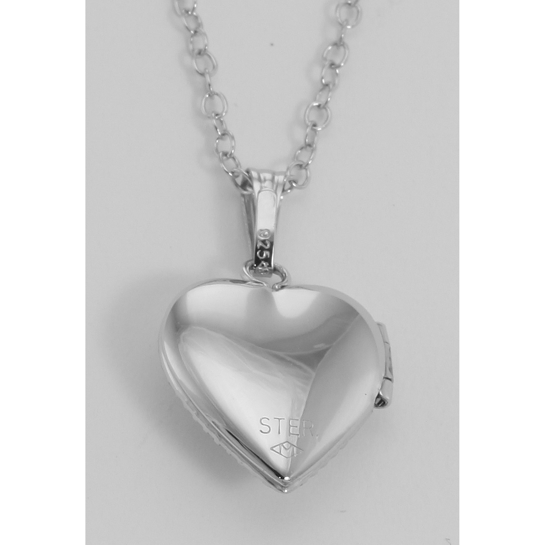 Back view of Silver Child's Flower Heart Locket Children's - 13mm showing 925 sterling silver hallmark and spring ring clasp