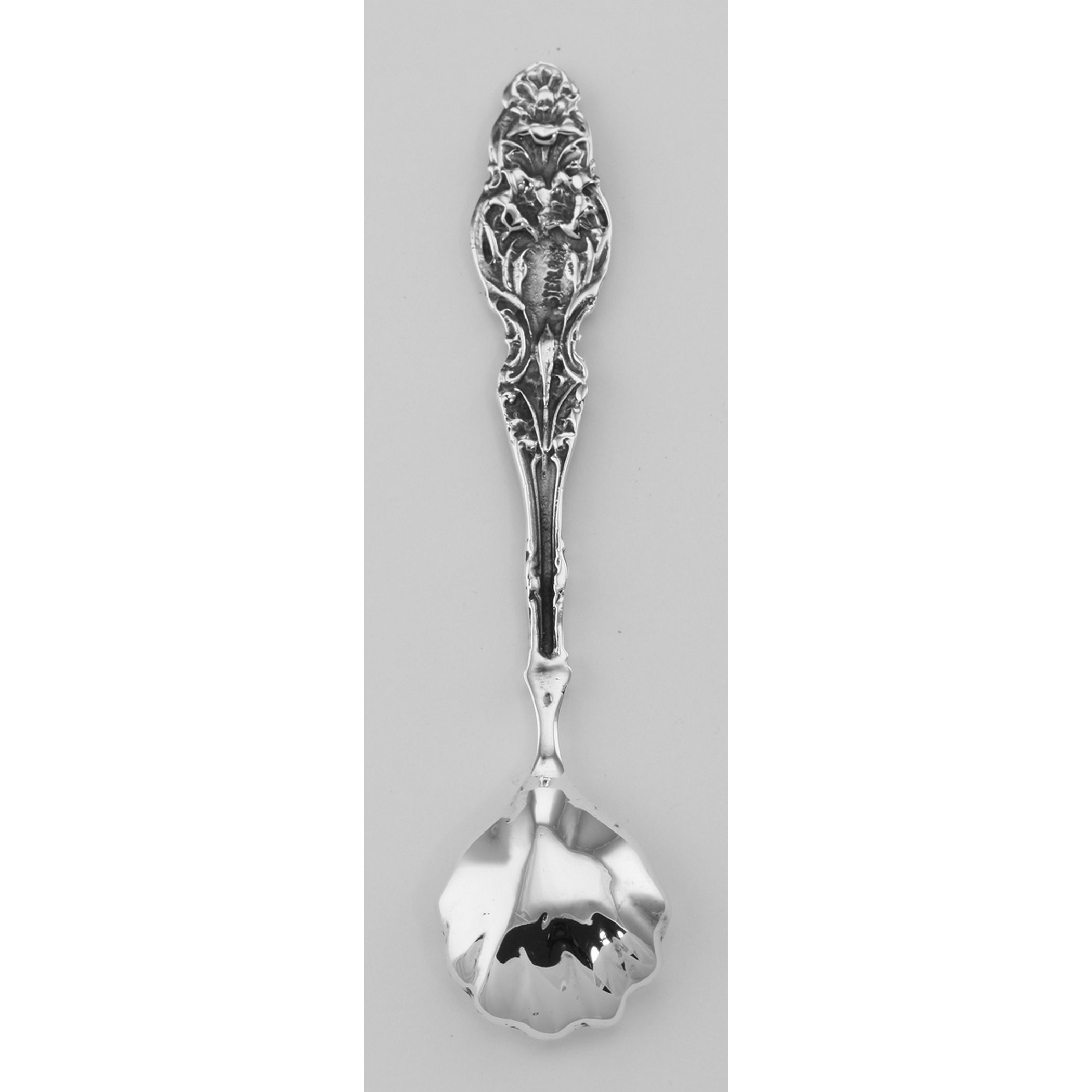 Back view of Vintage Style Sterling Silver Master Salt Spoon showing 925 sterling silver hallmark
