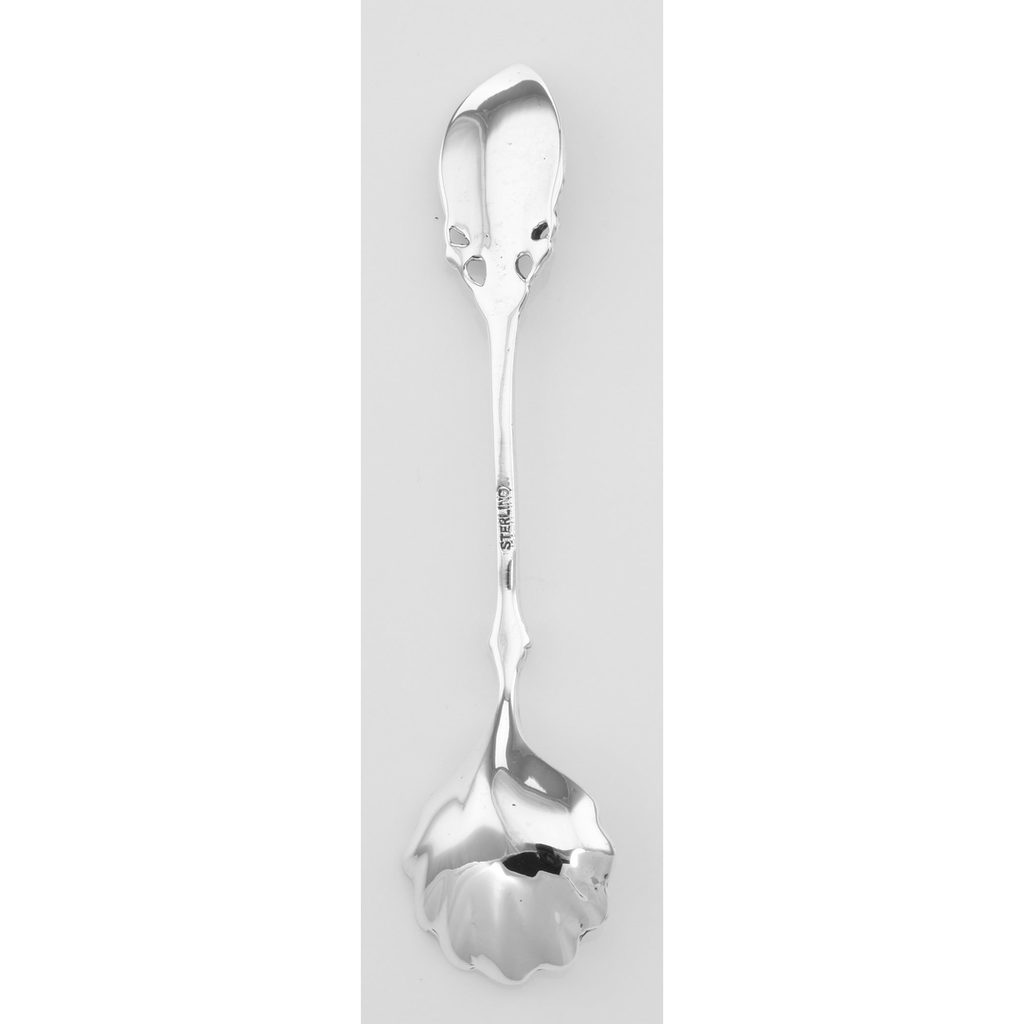 Back view of Floral with Shell Bowl Master Salt Spoon showing 925 sterling silver hallmark