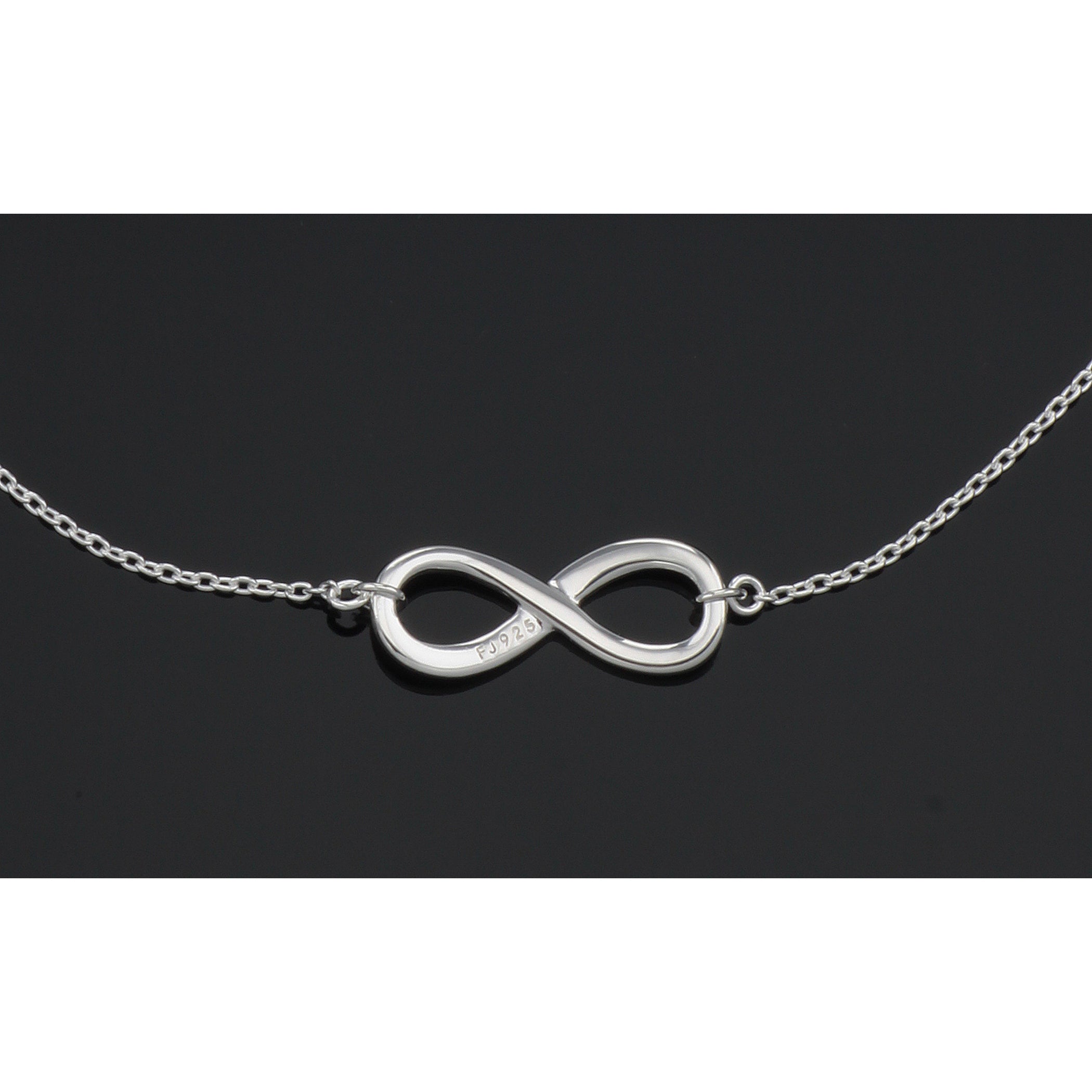 Back view of Beautiful Infinity Necklace with Adjustable Chain in Fine Sterling Silver showing 925 sterling silver hallmark a