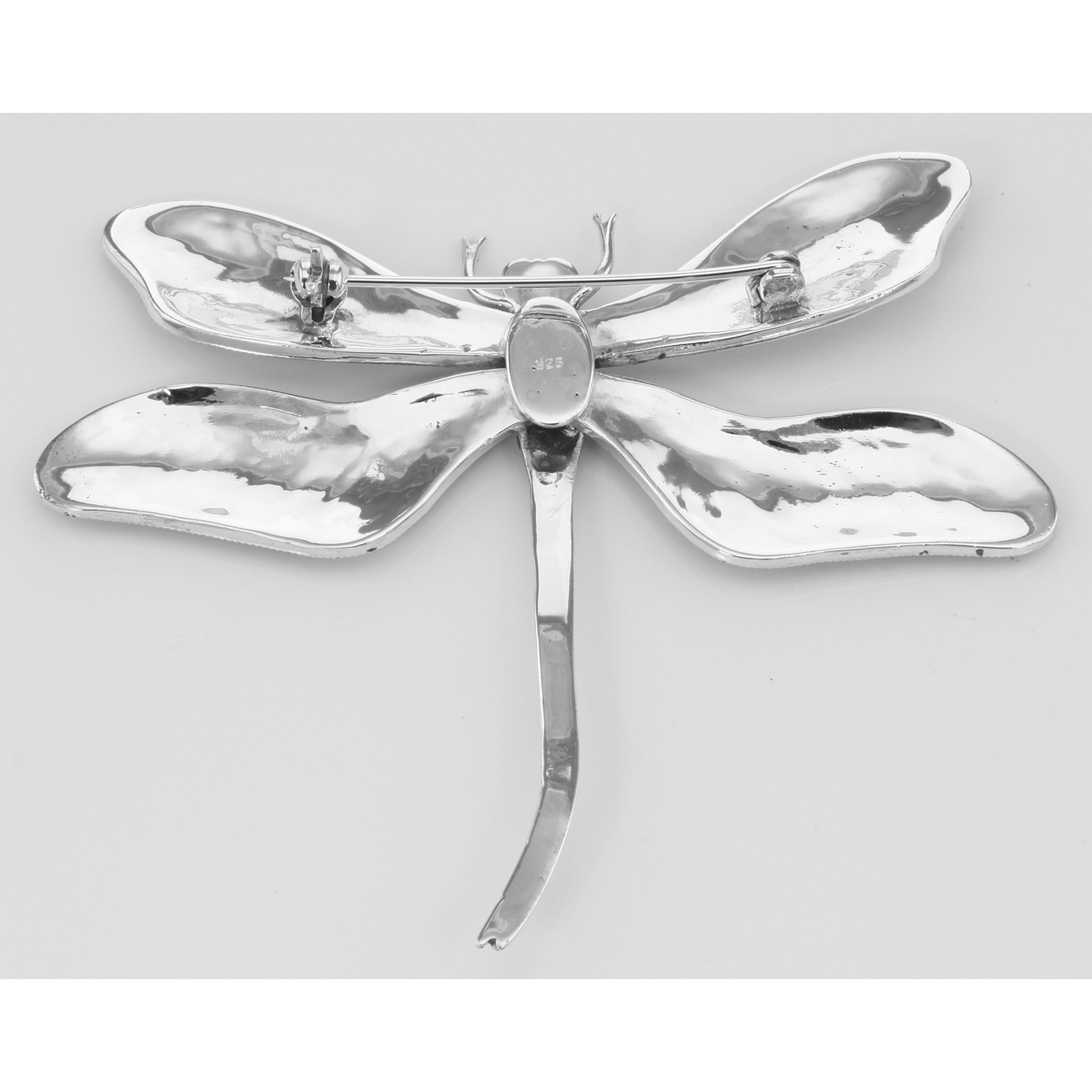 Back view of Marcasite Dragonfly Pin with Moving Wings showing 925 sterling silver hallmark and pin back
