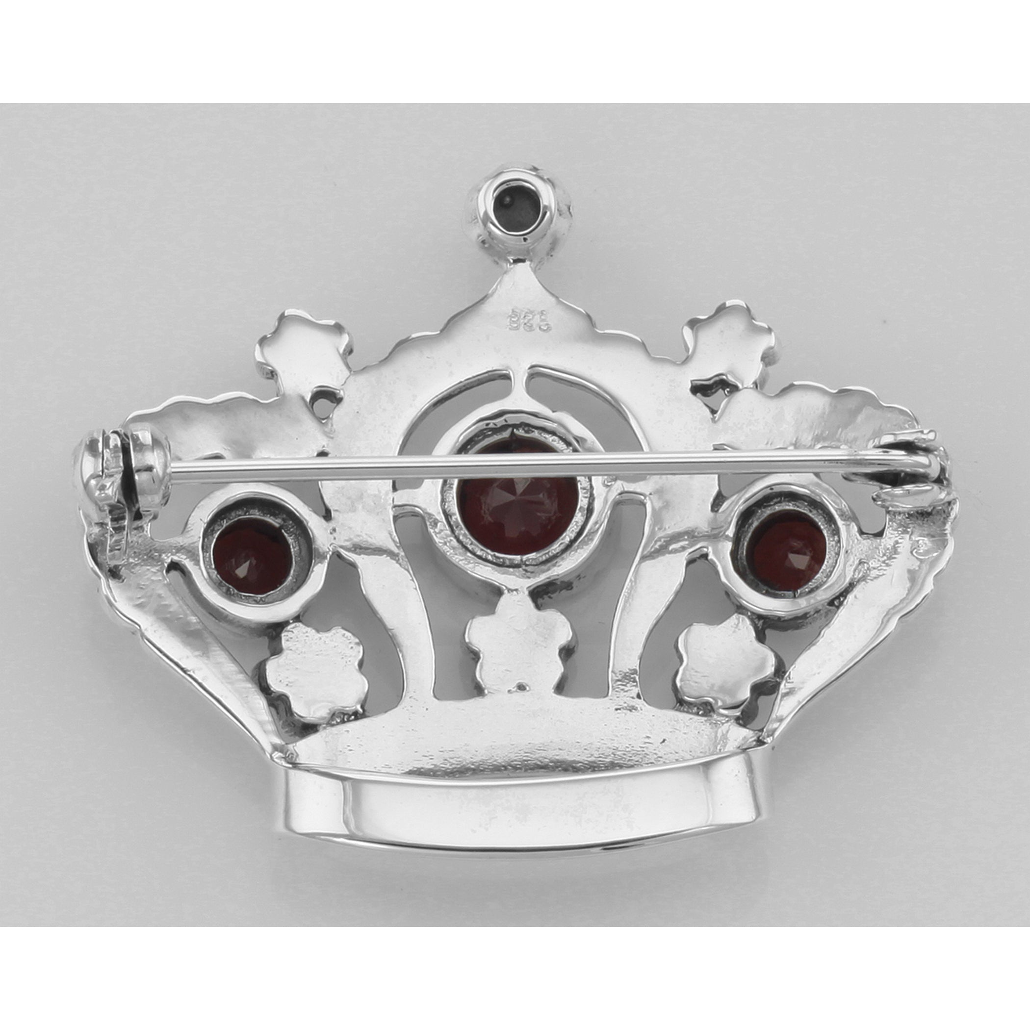 Back view of Marcasite / Garnet Crown Pin / Brooch showing 925 sterling silver hallmark and pin back