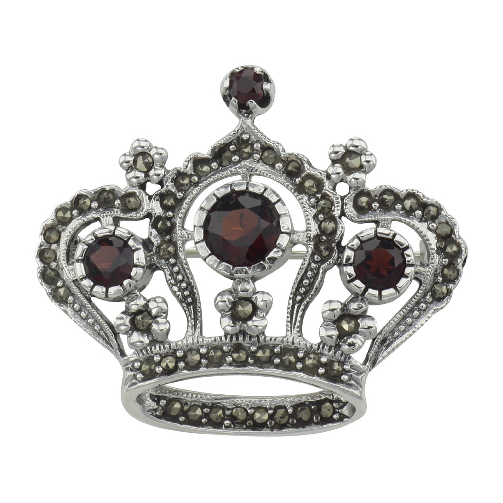 Garnet, Marcasite, sterling silver brooches / pins, front view
