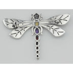 Back view of Multi Gemstone Marcasite Dragonfly Pin Sterling Silver showing 925 sterling silver hallmark and pin back