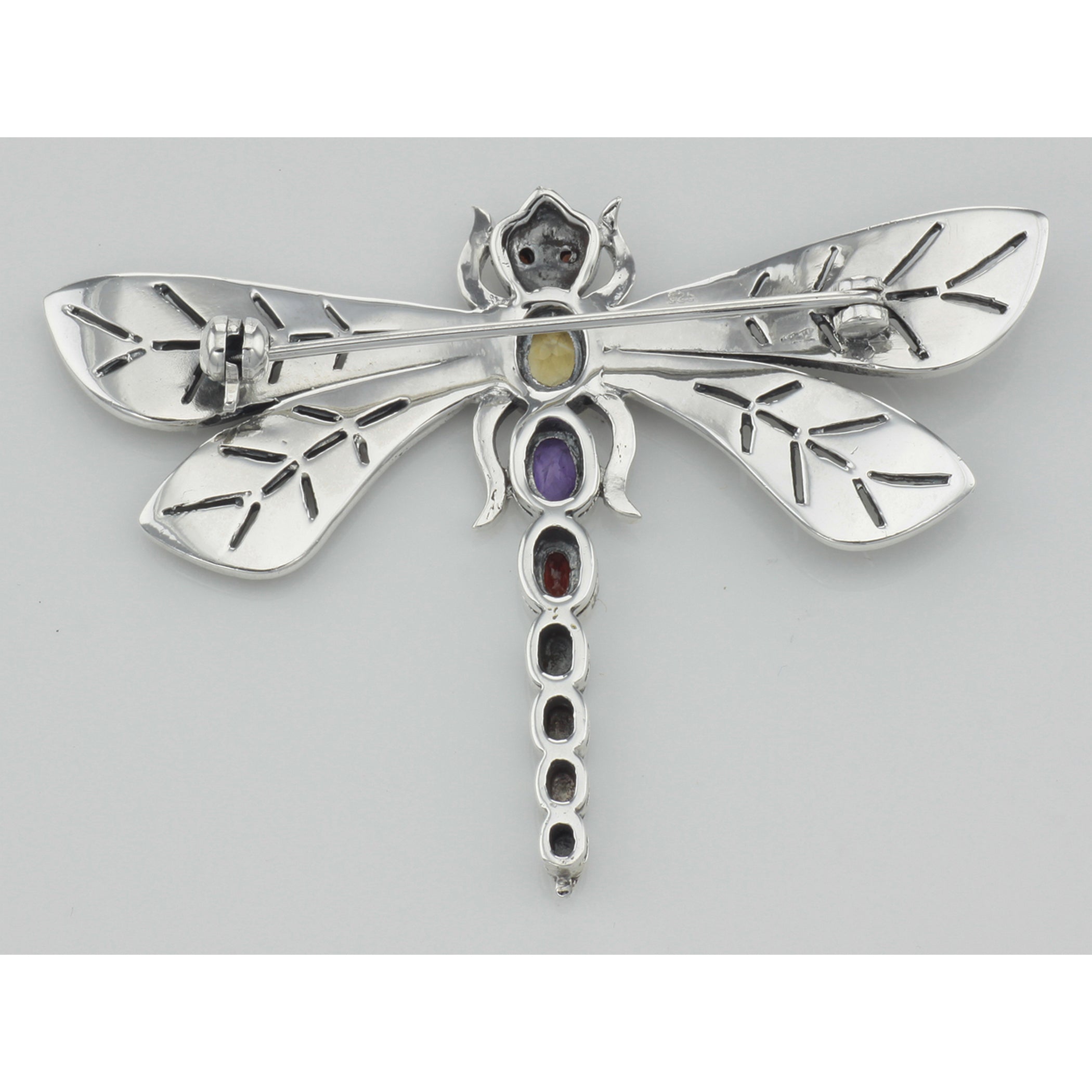 Back view of Multi Gemstone Marcasite Dragonfly Pin Sterling Silver showing 925 sterling silver hallmark and pin back