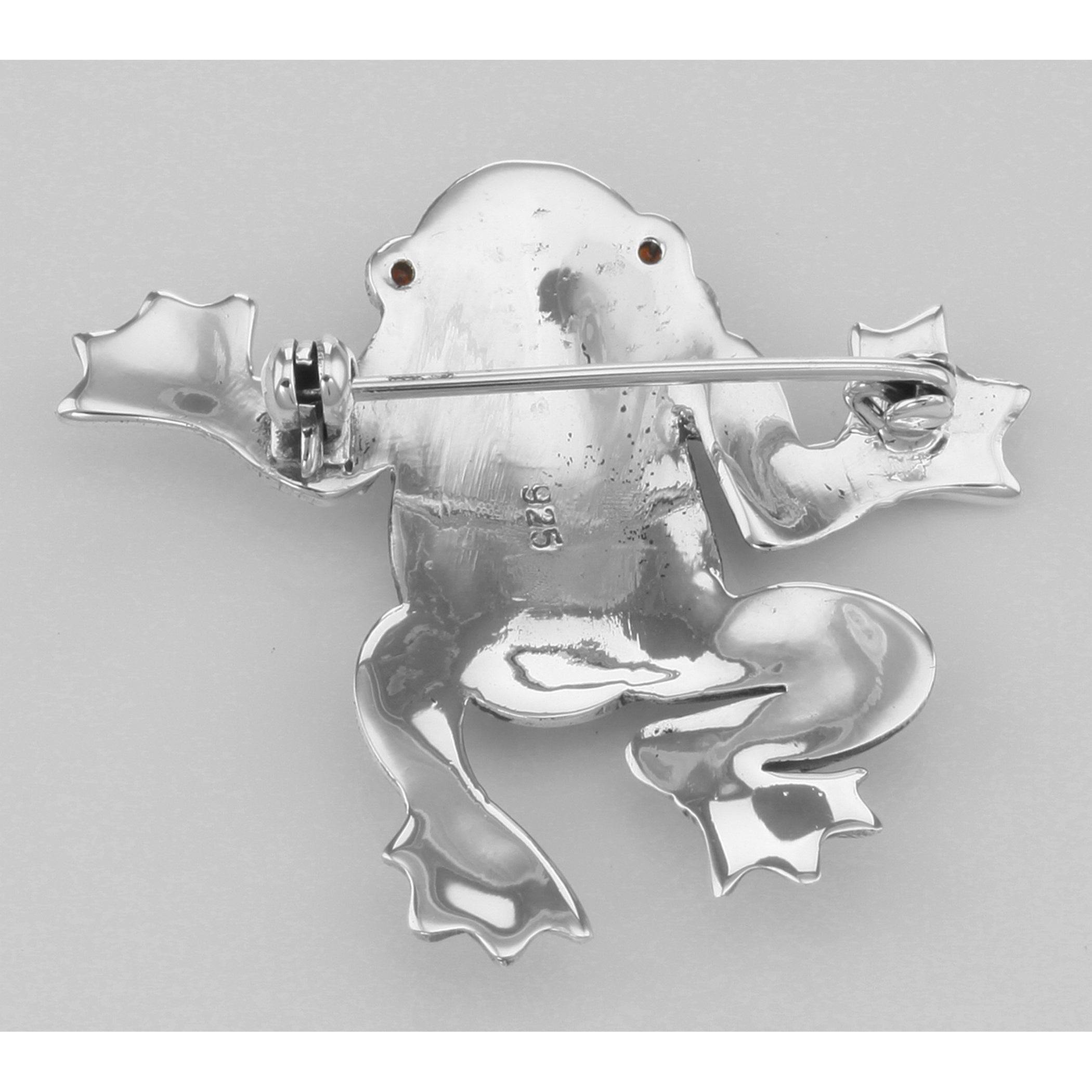 Back view of Marcasite / Garnet Frog Pin / Brooch showing 925 sterling silver hallmark and pin back