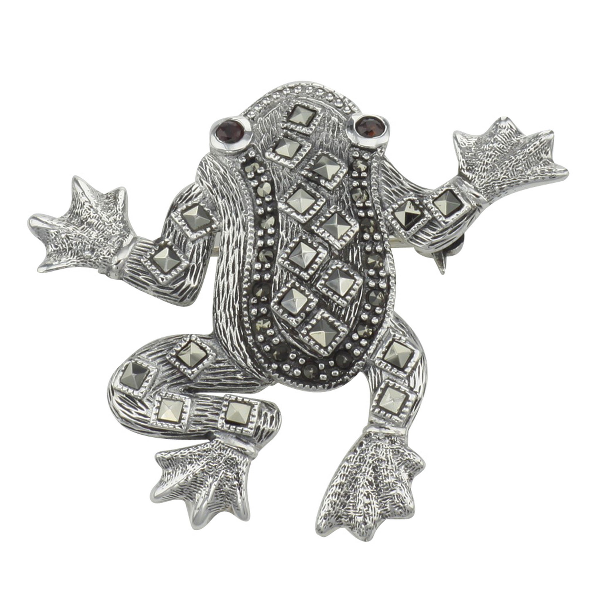 Garnet, Marcasite, sterling silver brooches / pins, front view