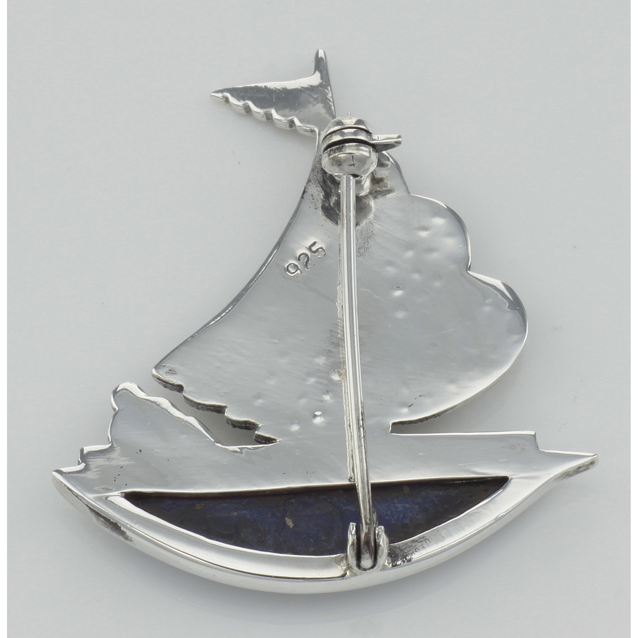 Back view of Sailboat Pin - Lapis / Marcasite showing 925 sterling silver hallmark and pin back