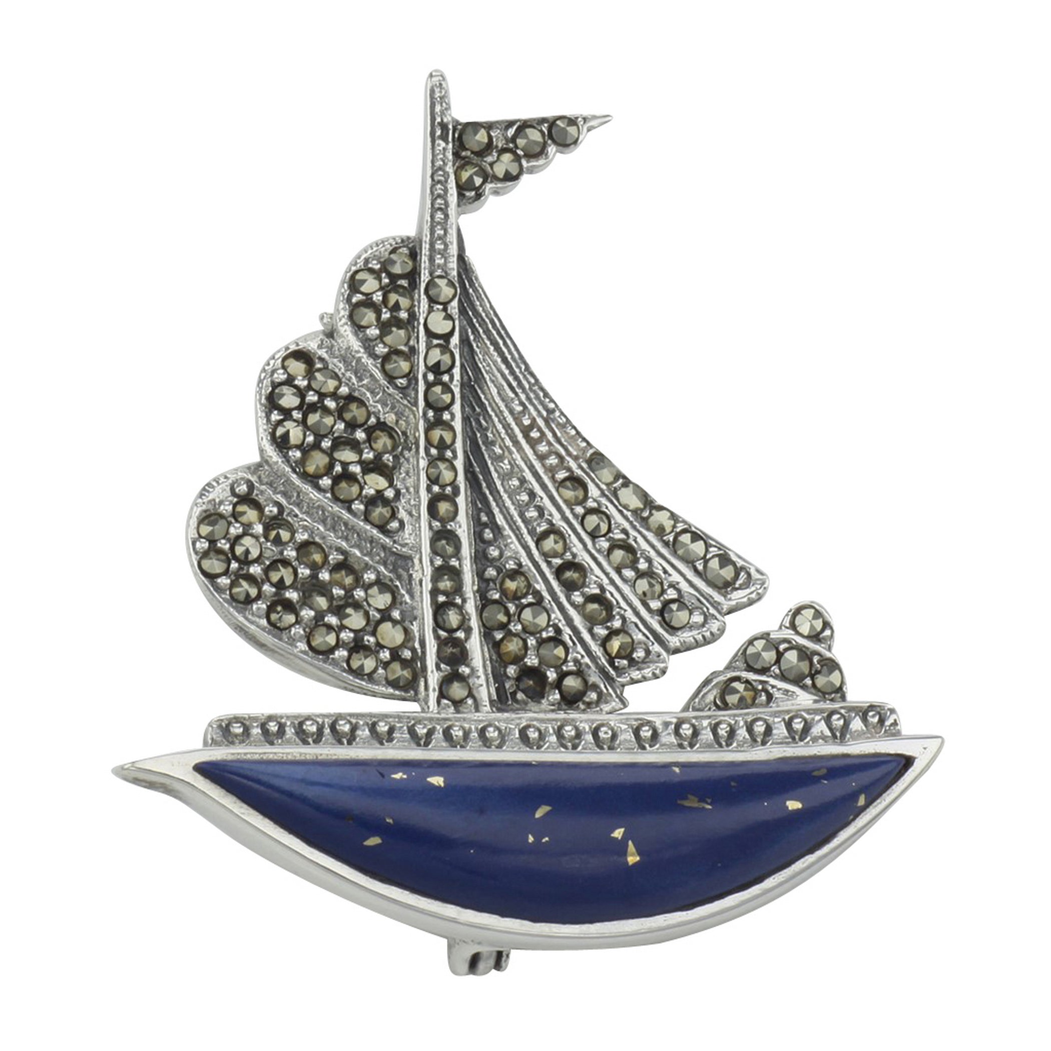Lapis, Marcasite, sterling silver brooches / pins, front view