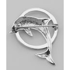 Back view of Marcasite Dolphin Jumping through Hoop Pin or Brooch showing 925 sterling silver hallmark and pin back