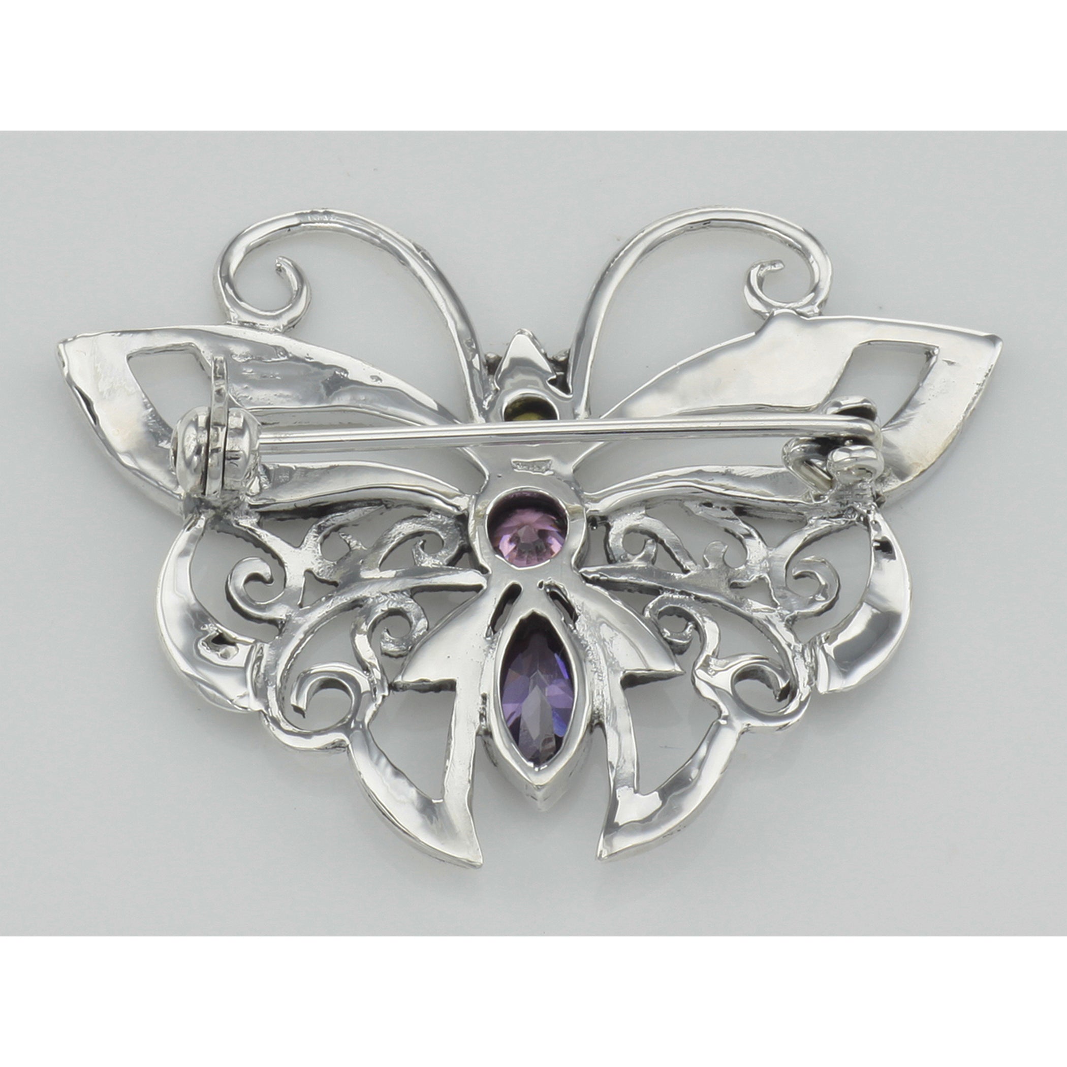 Back view of Marcasite Butterfly Pin with Gemstones showing 925 sterling silver hallmark and pin back