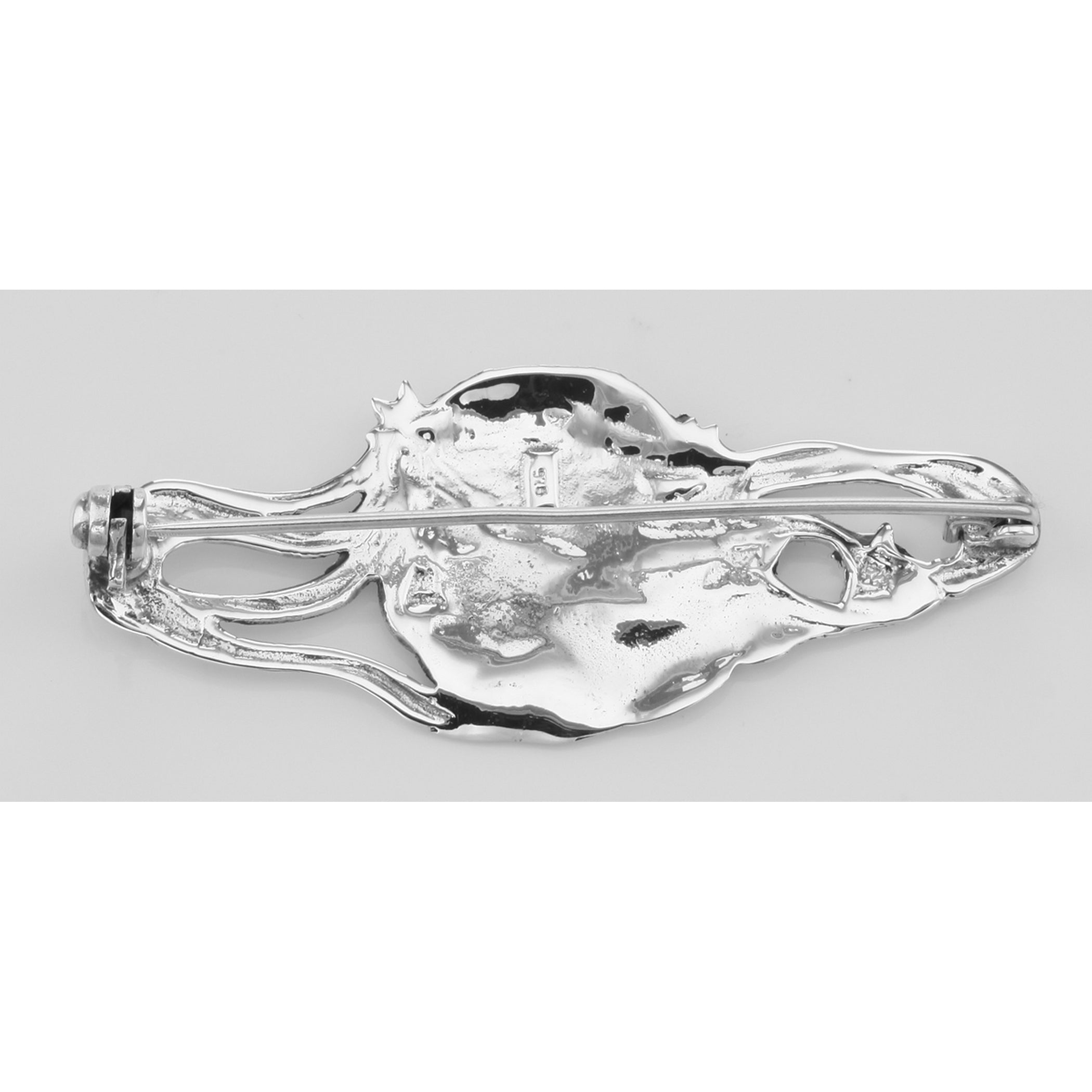 Back view of Art Nouveau Style Pin - Lady with Flowing Hair showing 925 sterling silver hallmark and pin back