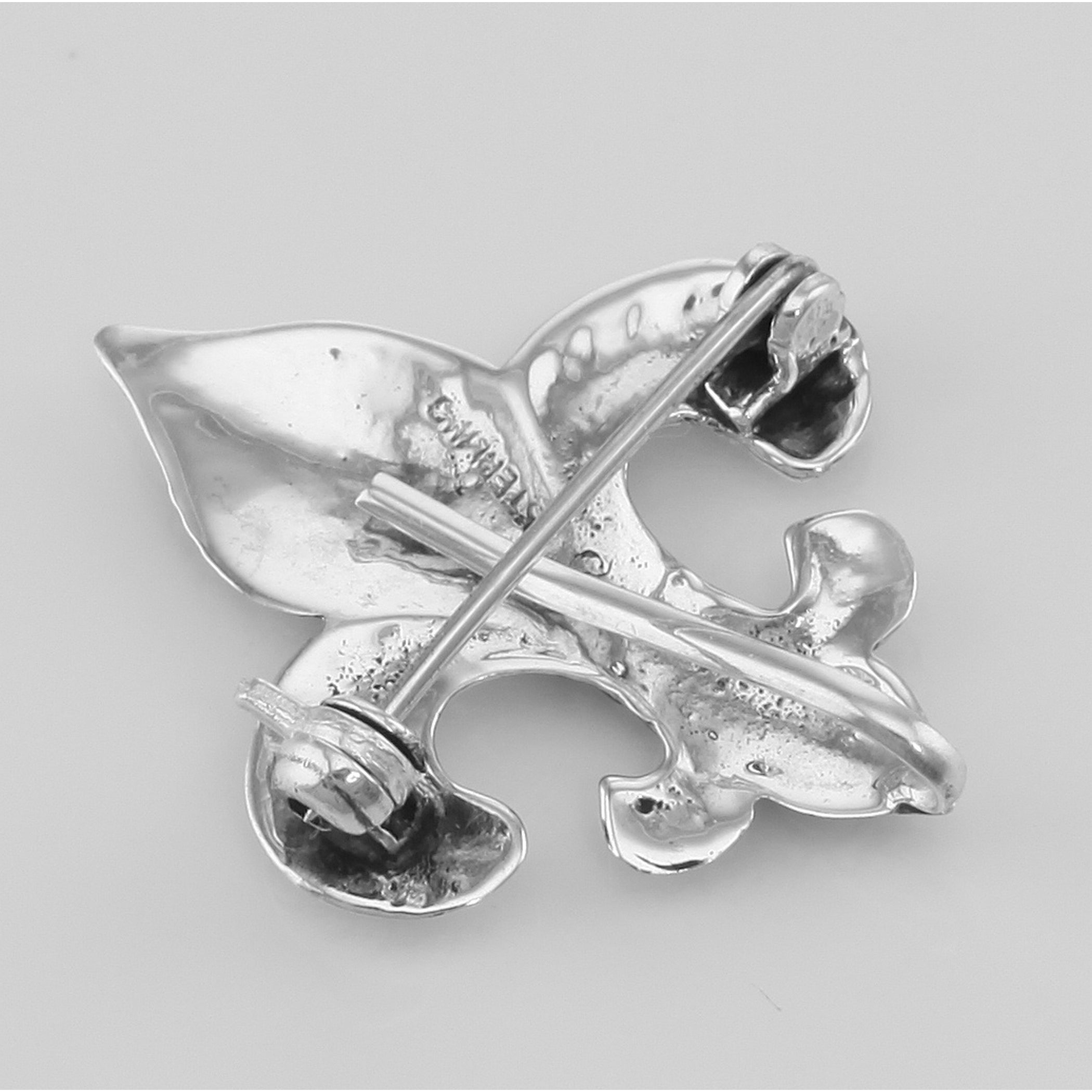 Back view of Fleur de Lis Pin - Charm Hanger showing 925 sterling silver hallmark and pin back