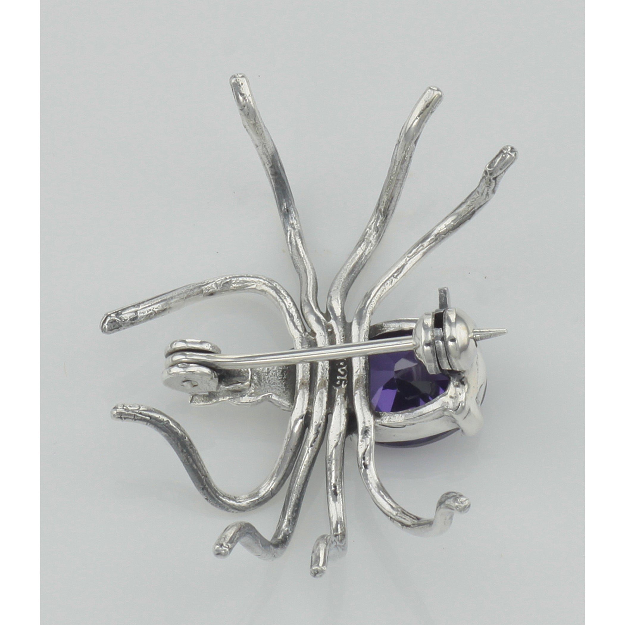 Back view of Amethyst Spider Pin or Brooch showing 925 sterling silver hallmark and pin back