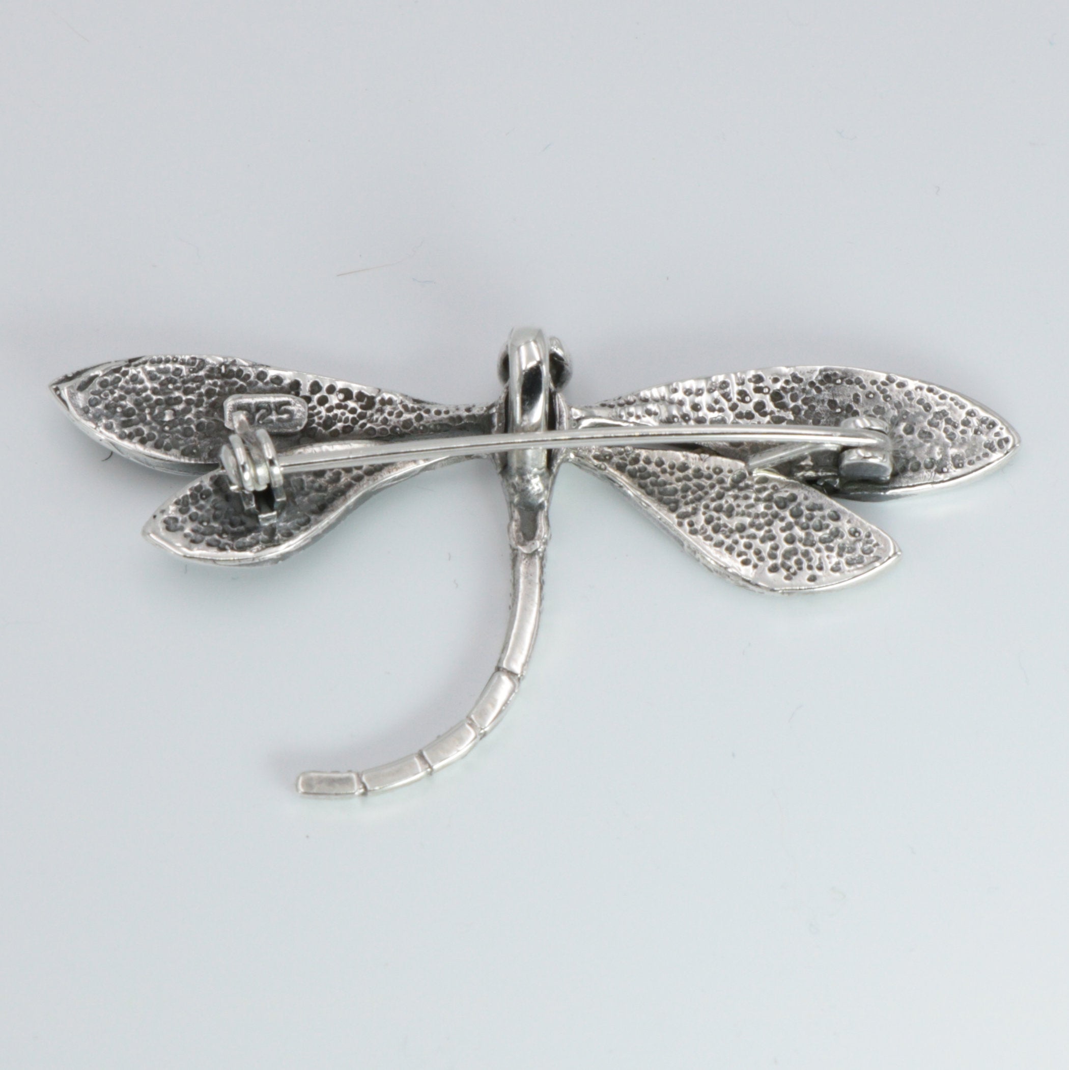 Back view of Dragonfly Pin or Pendant showing 925 sterling silver hallmark and spring ring clasp