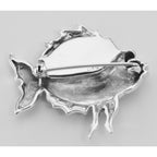 Back view of Cute Abalone Shell and Marcasite Fish Pin / Brooch showing 925 sterling silver hallmark and pin back