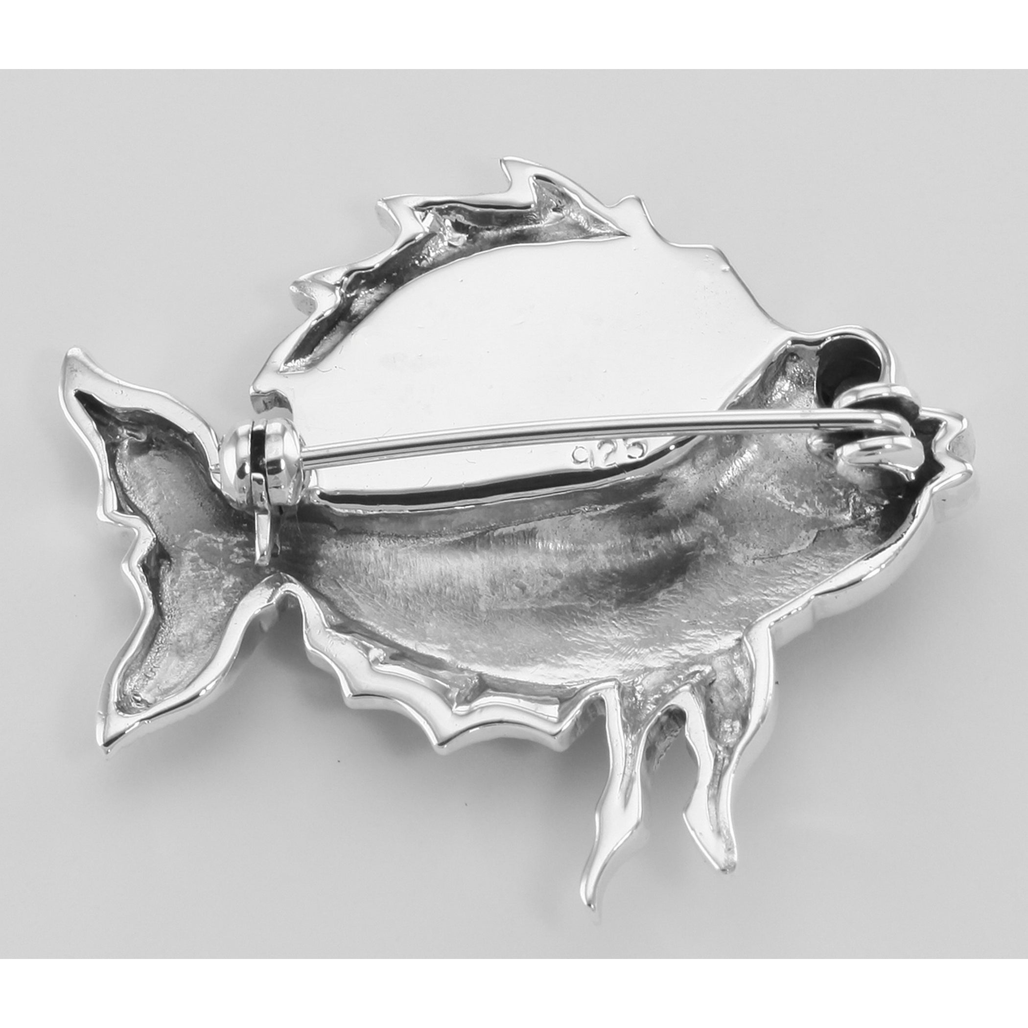 Back view of Cute Abalone Shell and Marcasite Fish Pin / Brooch showing 925 sterling silver hallmark and pin back